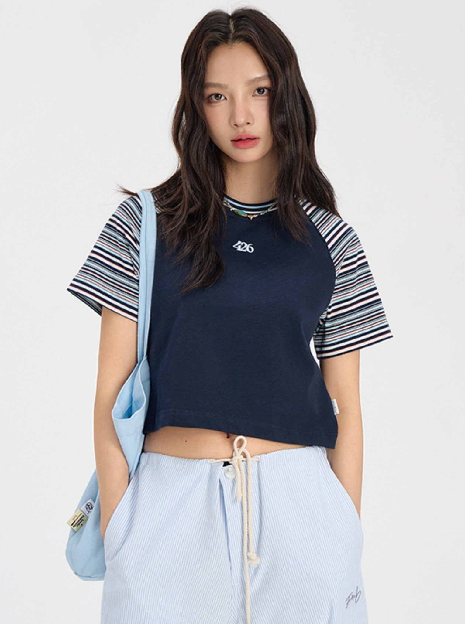 Raglan Sleeve Tee with Stripes - chiclara