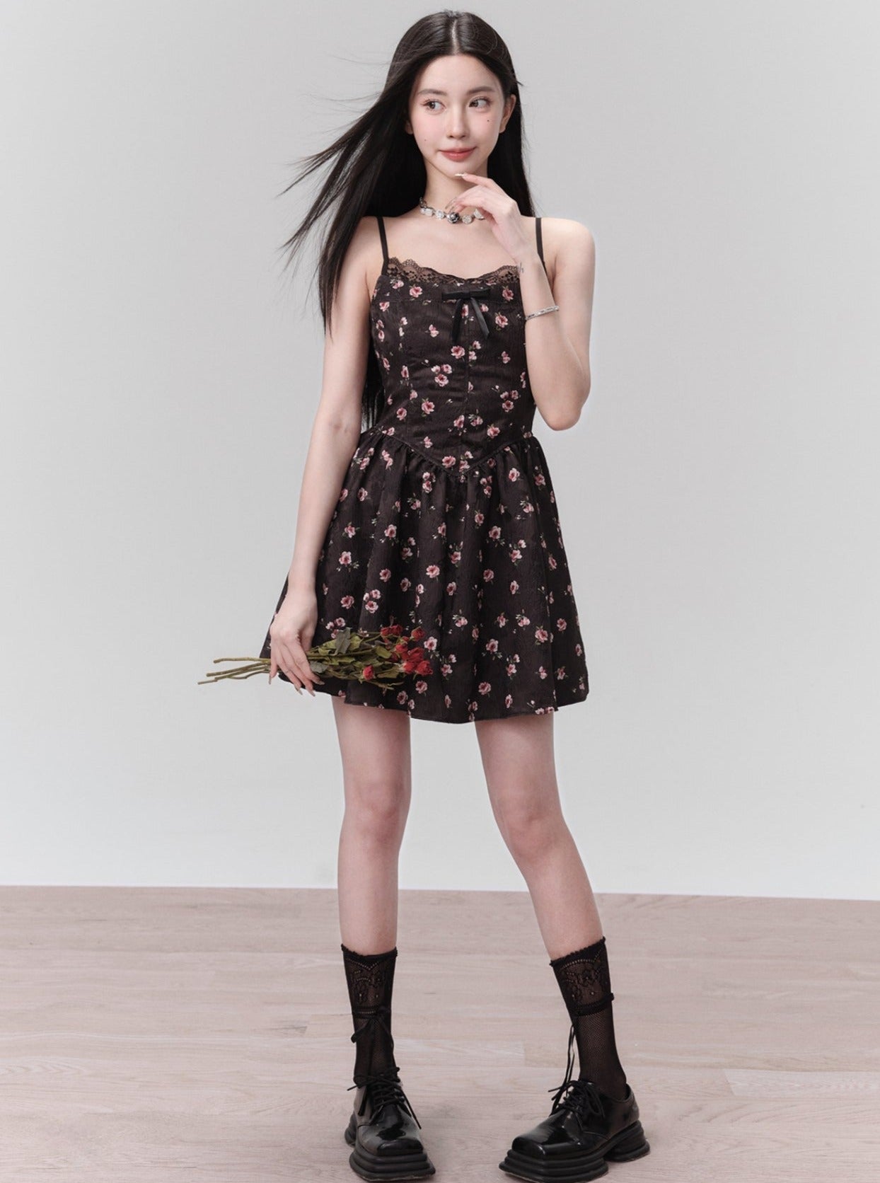 Floral Lace-Trim Spaghetti Strap Mini Dress in Black