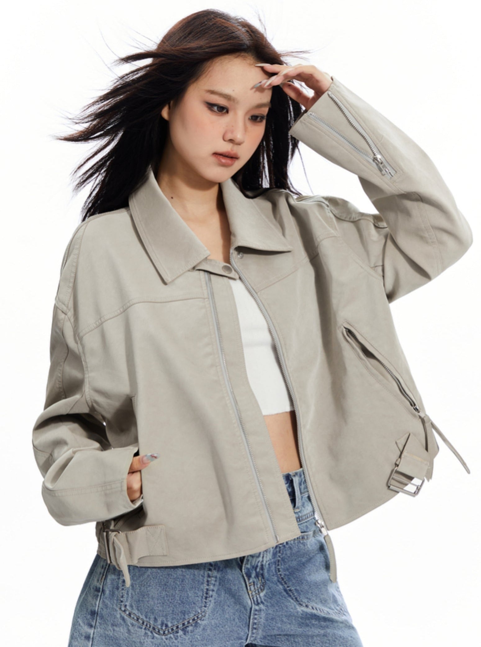 Light Gray Oversized Leather Jacket