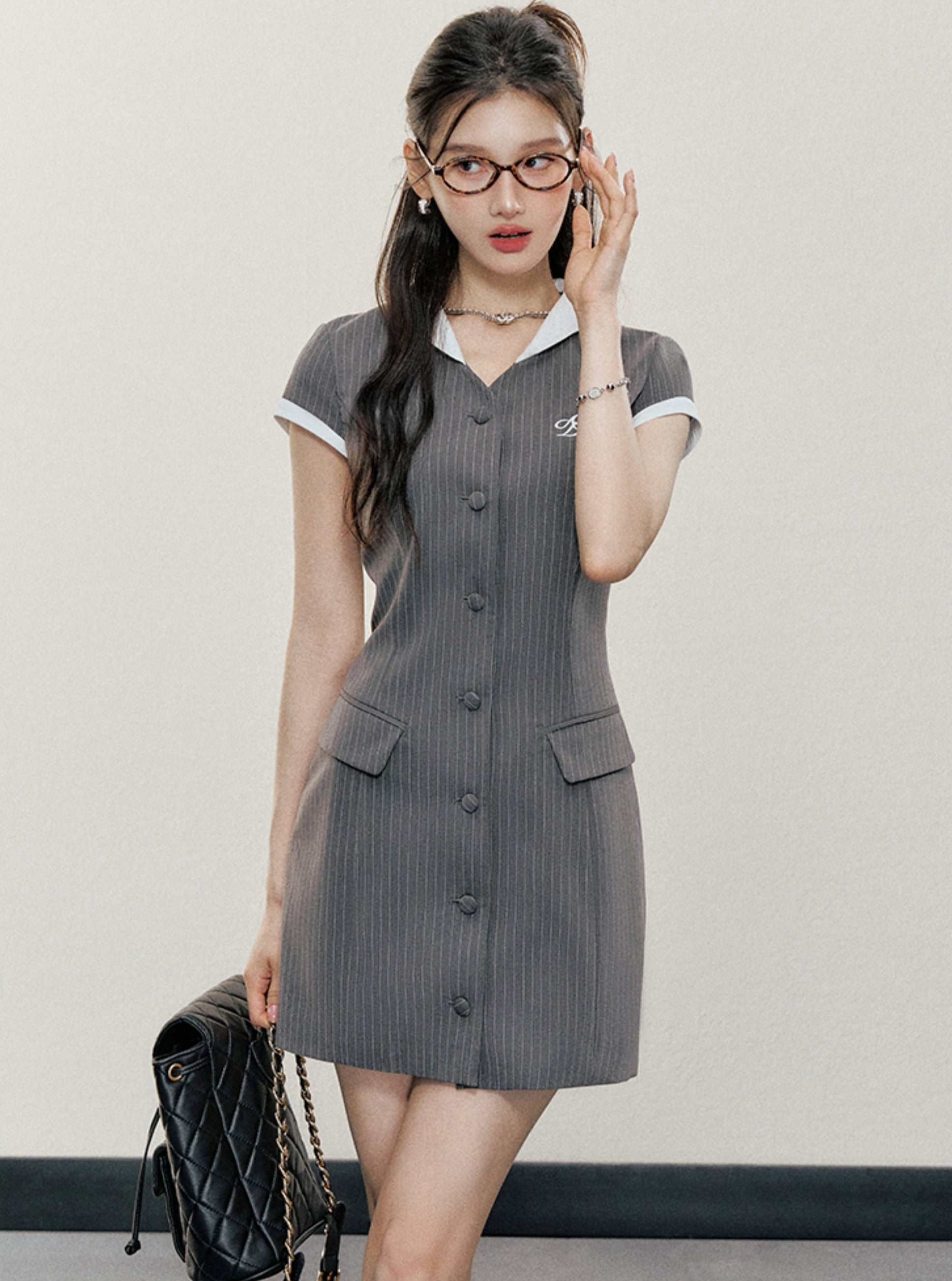 Pinstripe Button-Front Mini Dress: Short Sleeve Collared Shirtdress with Embroidered Logo