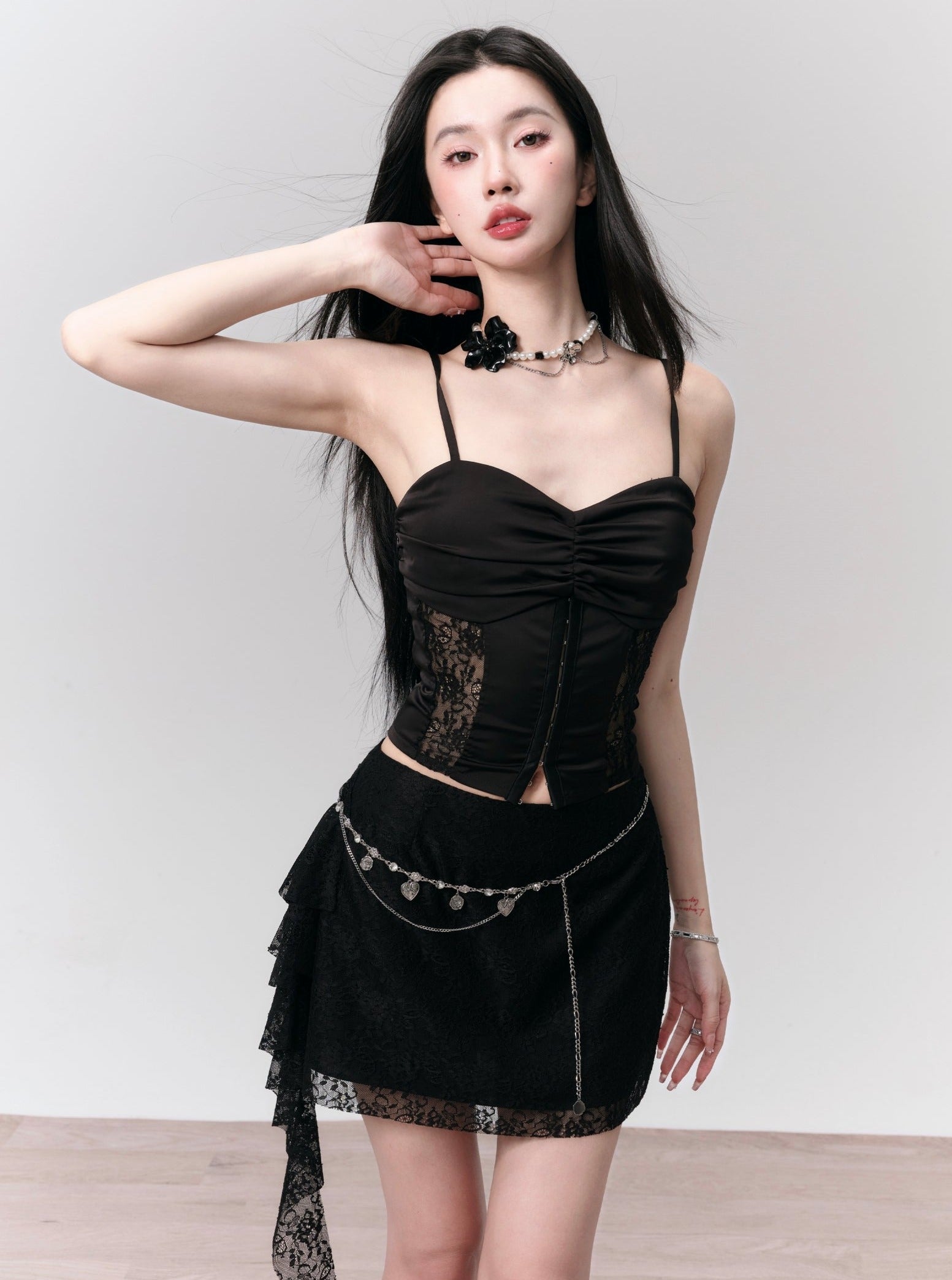 Satin Bustier Crop Top with Ruched Front - Black and White Set