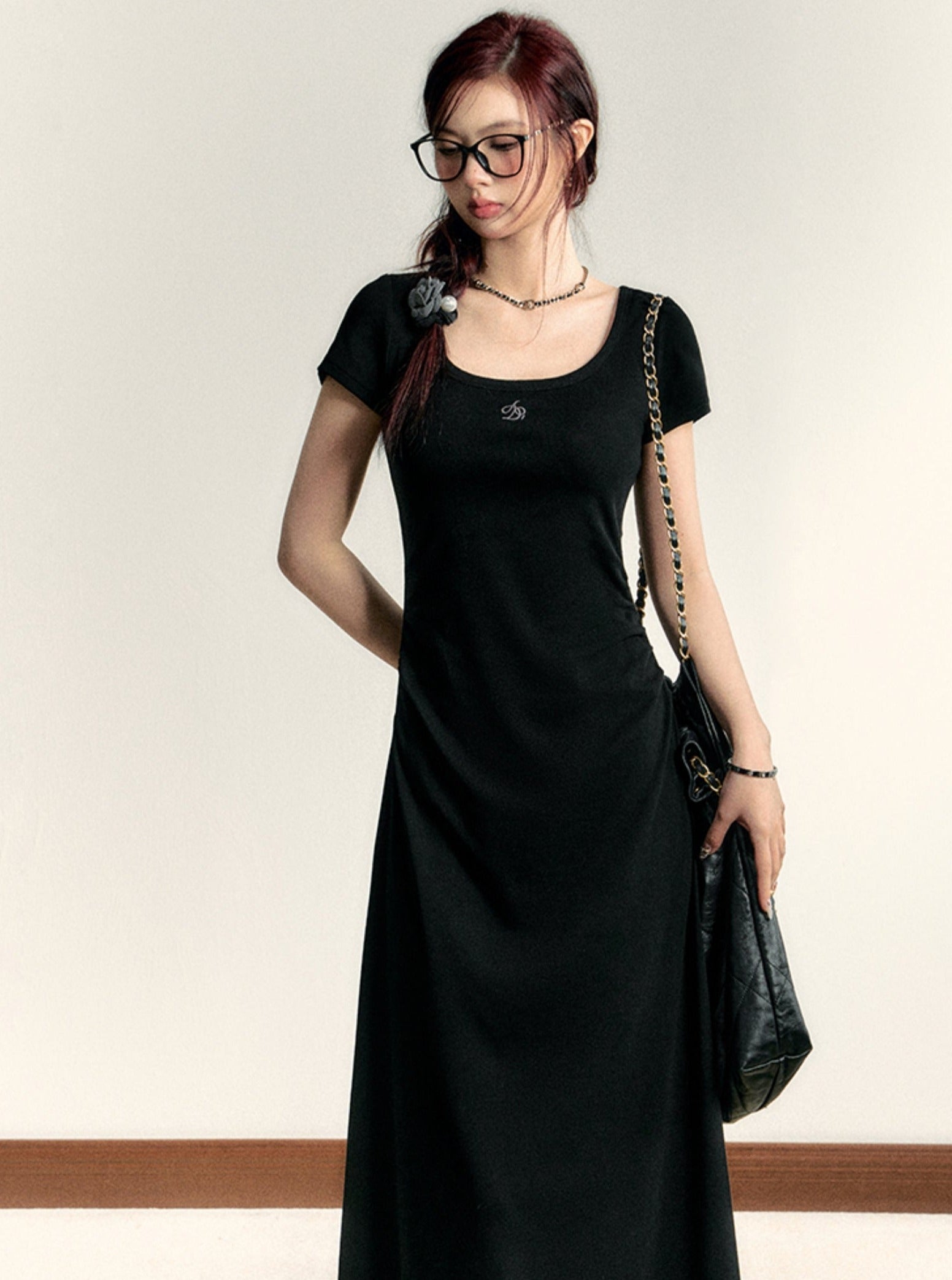 Scoop Neck Maxi T-Shirt Dress - Casual Side Ruched Jersey Knit Gown