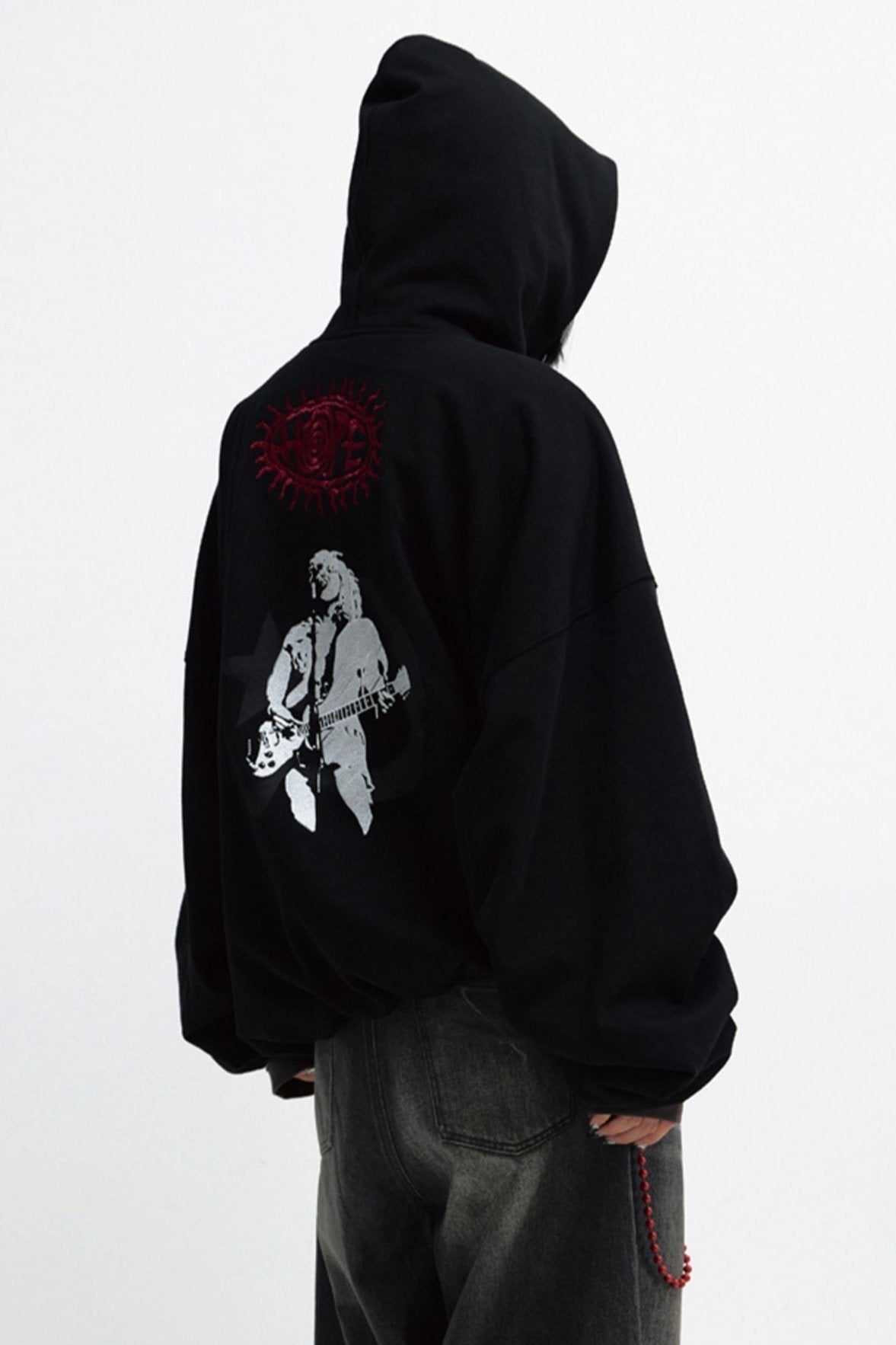 Men's Loose Black Star Embroidered Hoodie