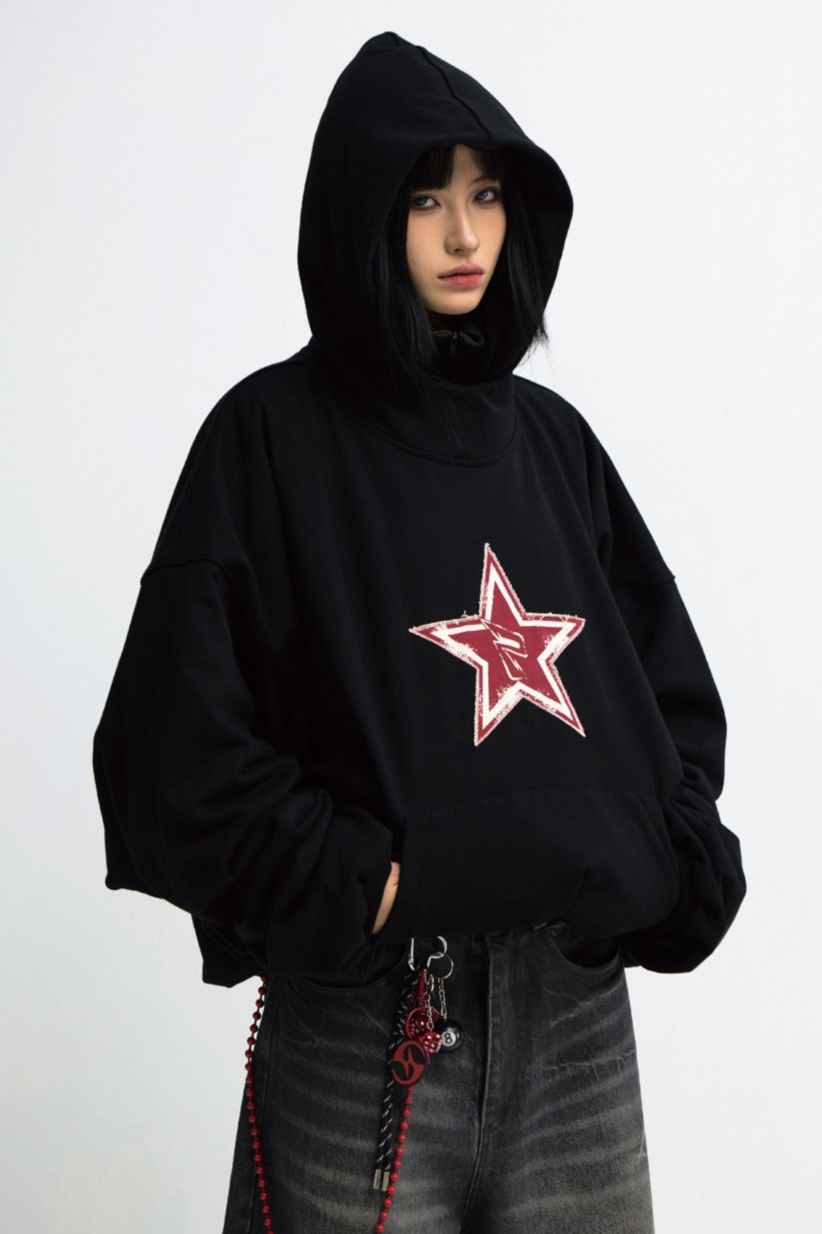 Men's Loose Black Star Embroidered Hoodie