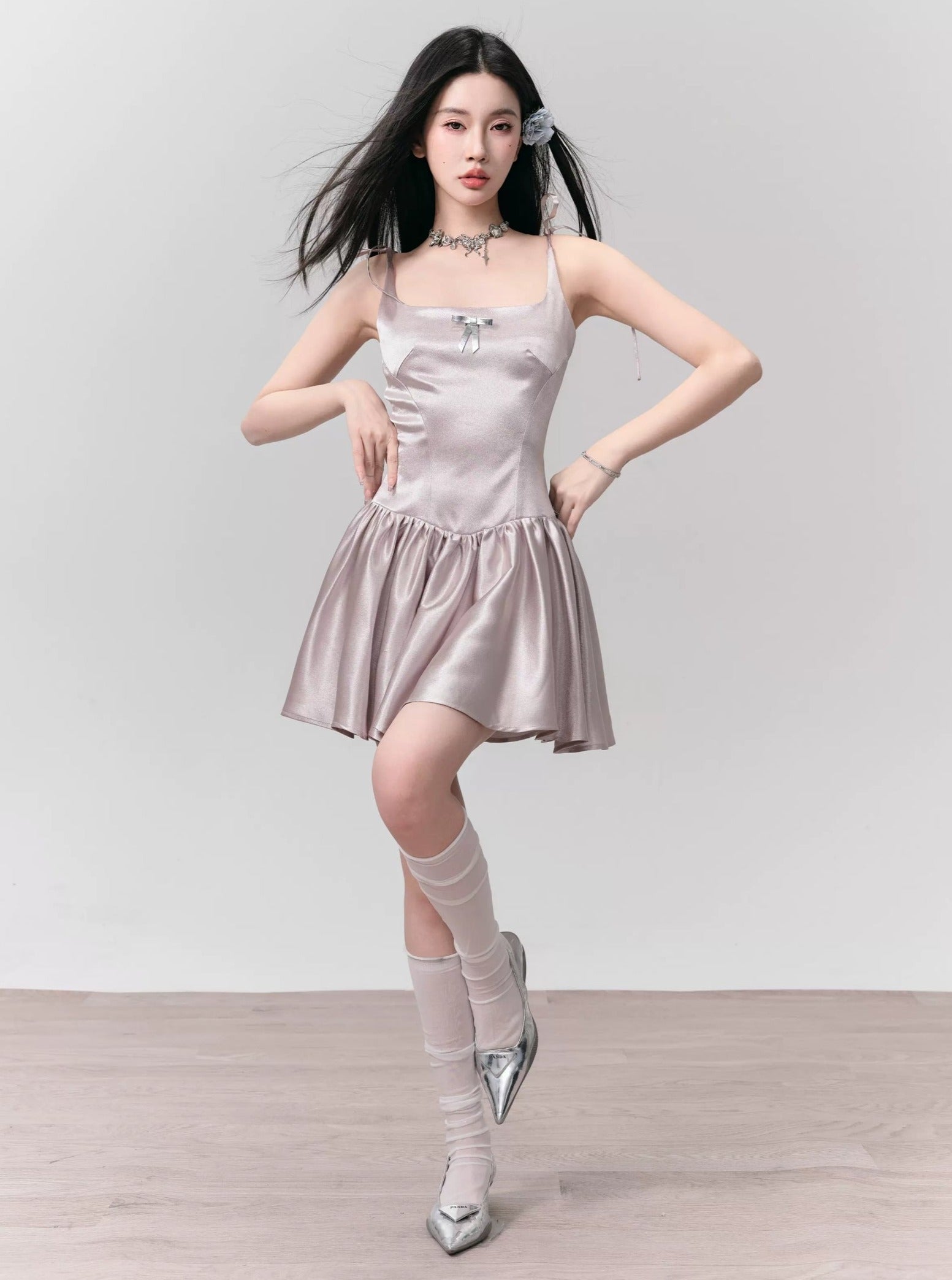 Silvery Gray Satin Mini Dress with Tie Straps