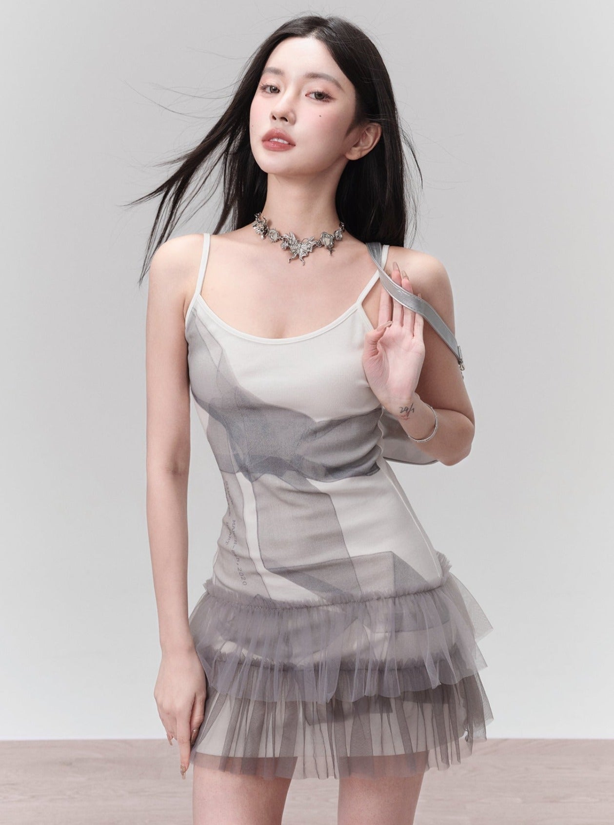 Ethereal Mist Layered Tulle Mini Dress - Ombre Gray