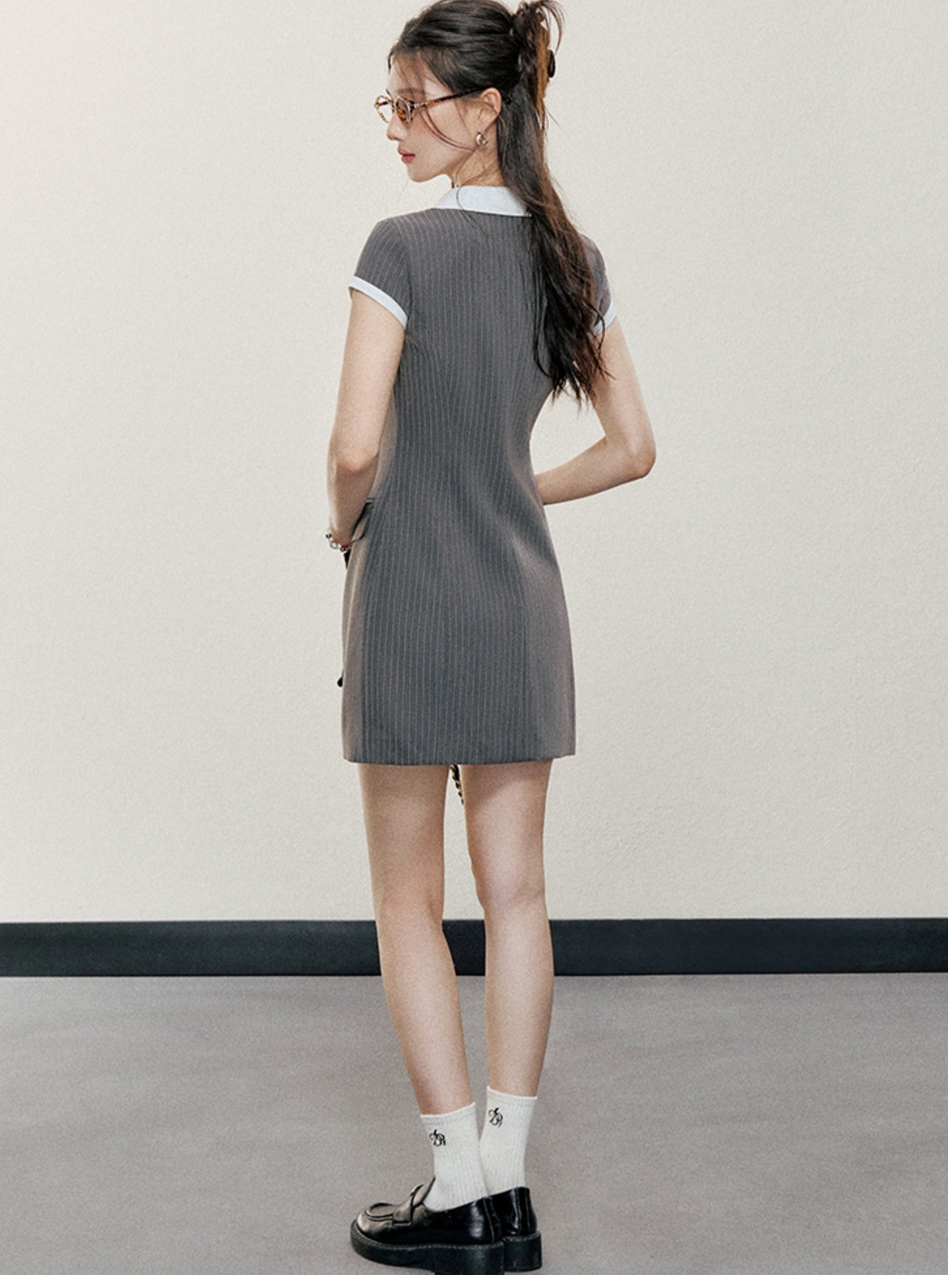 Pinstripe Button-Front Mini Dress: Short Sleeve Collared Shirtdress with Embroidered Logo