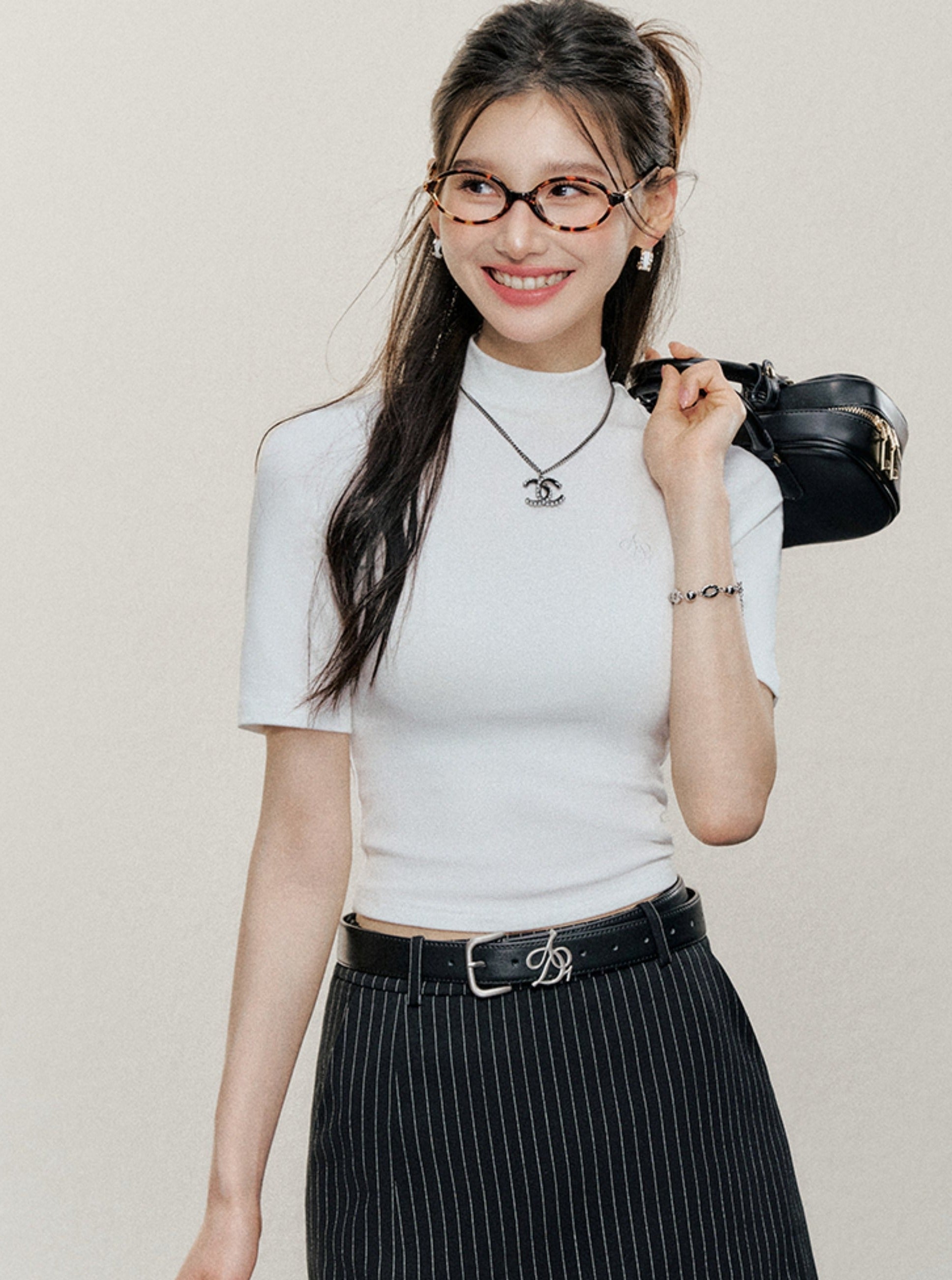 itted Mock Neck Top: Short Sleeve Crop Tee with Embroidered Logo