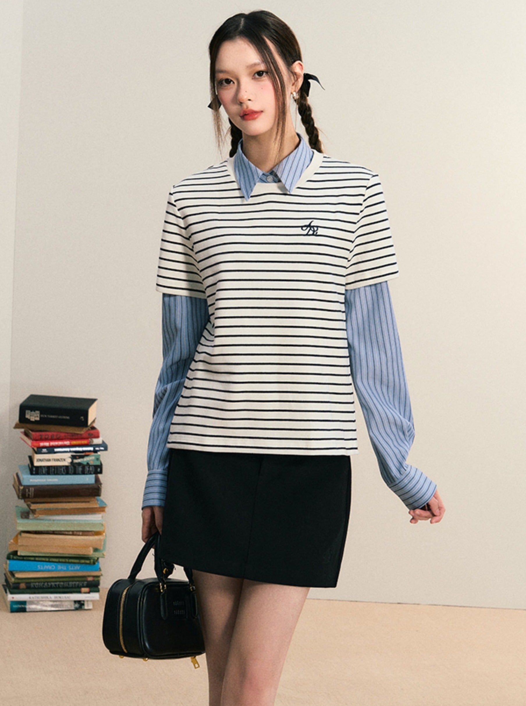 Layered Look Striped Tee Combo - Preppy Chic Shirt-Sweater Set