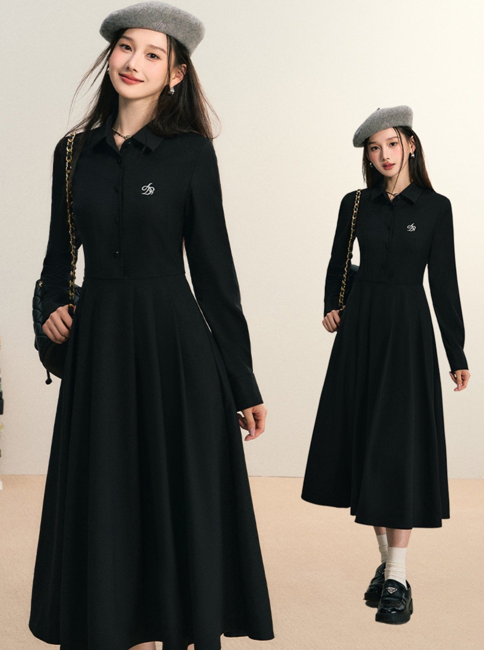 Classic Shirt Dress: Elegant Long-Sleeve Midi with Pleated Skirt