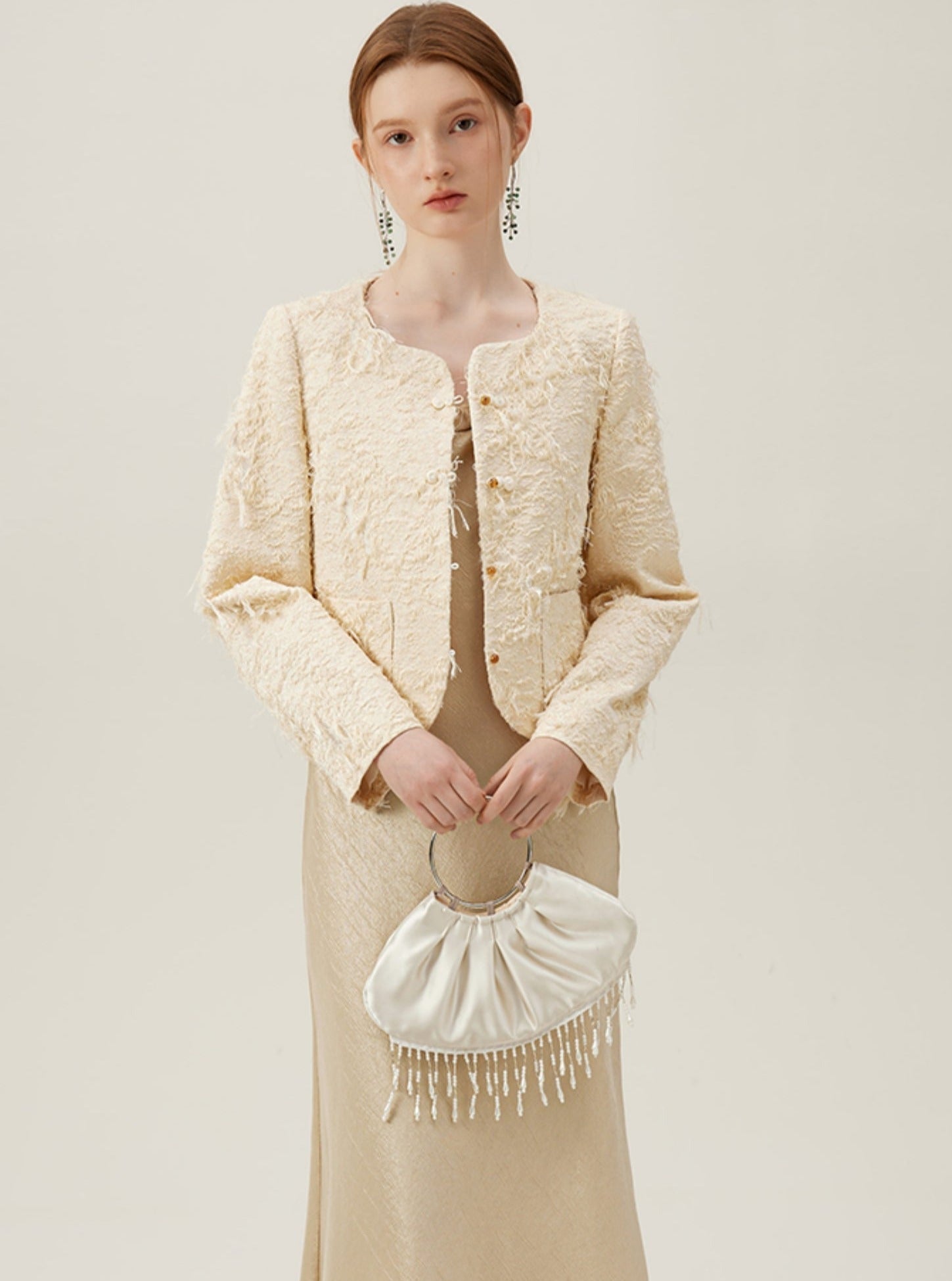 Elegant Boucle Pearl Button Coat