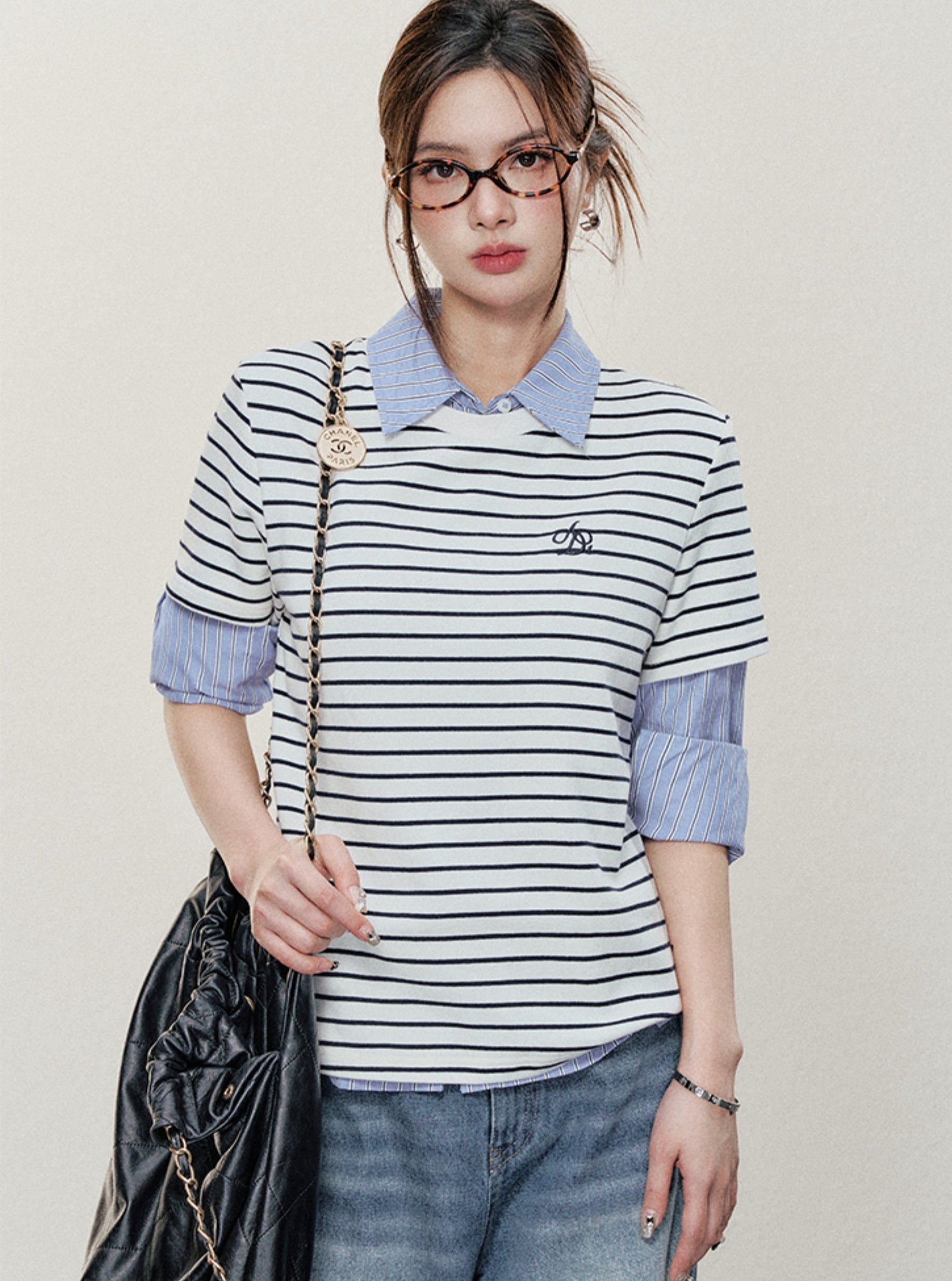 Layered Look Striped Polo Shirt - Preppy Chic Collared Tee with Chambray Accent