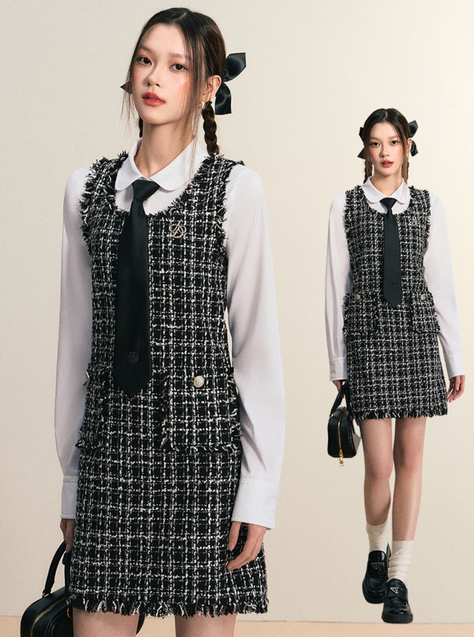 Tweed Sleeveless Mini Dress: Frayed Edge Shift Dress with Front Pockets