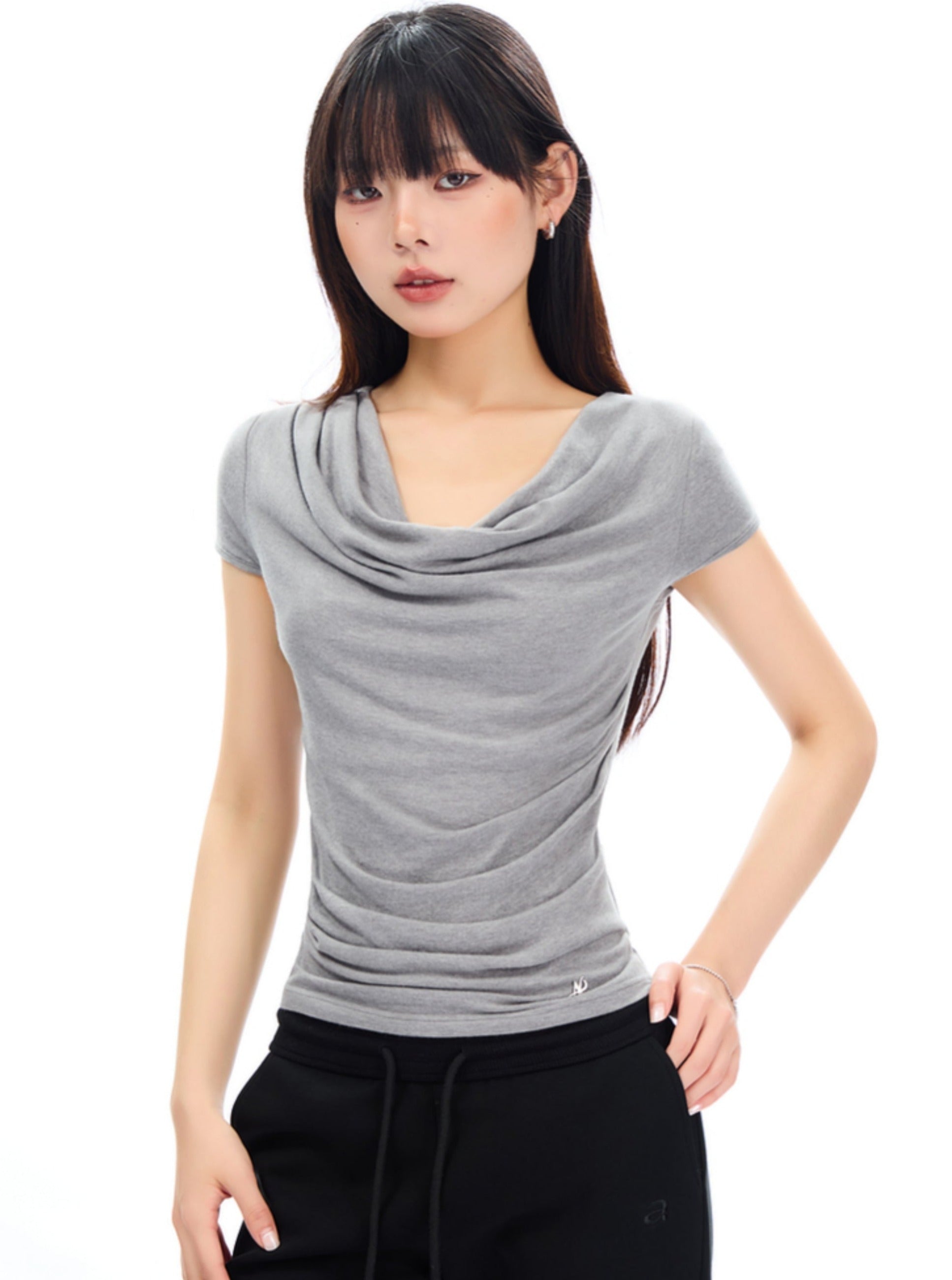 Slate Elegance Cowl Neck Tee