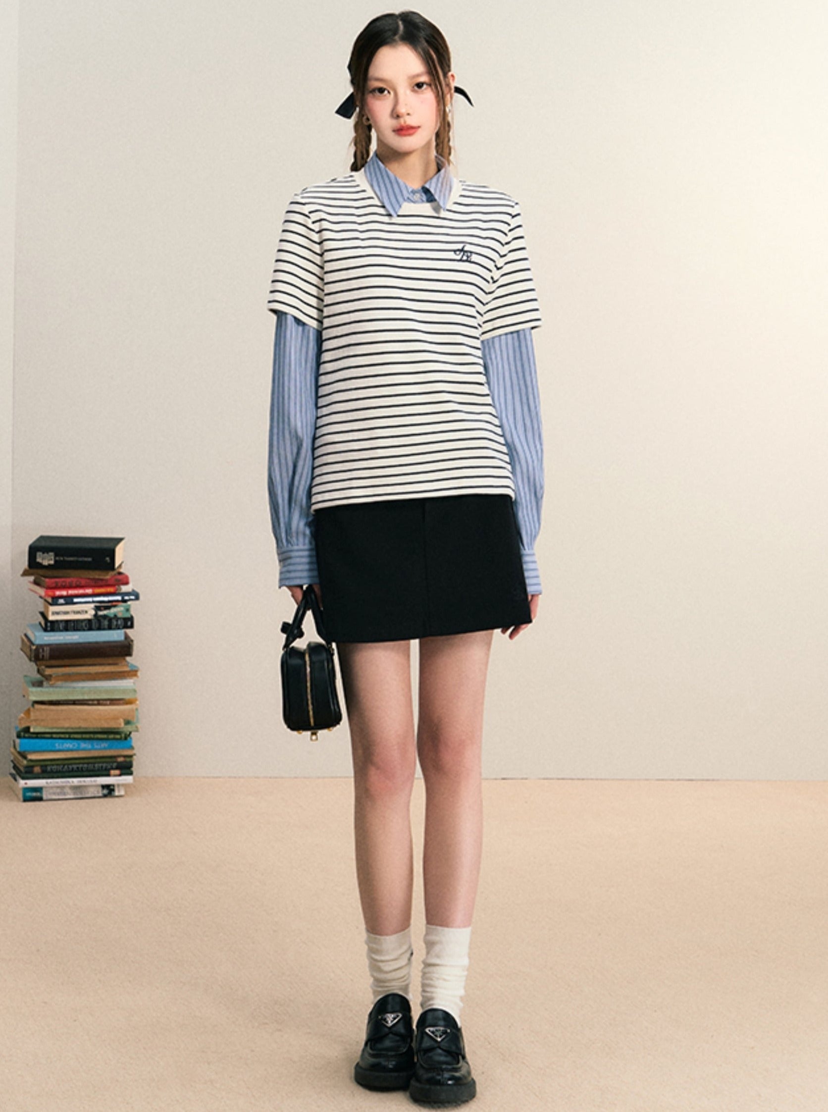 Layered Look Striped Tee Combo - Preppy Chic Shirt-Sweater Set