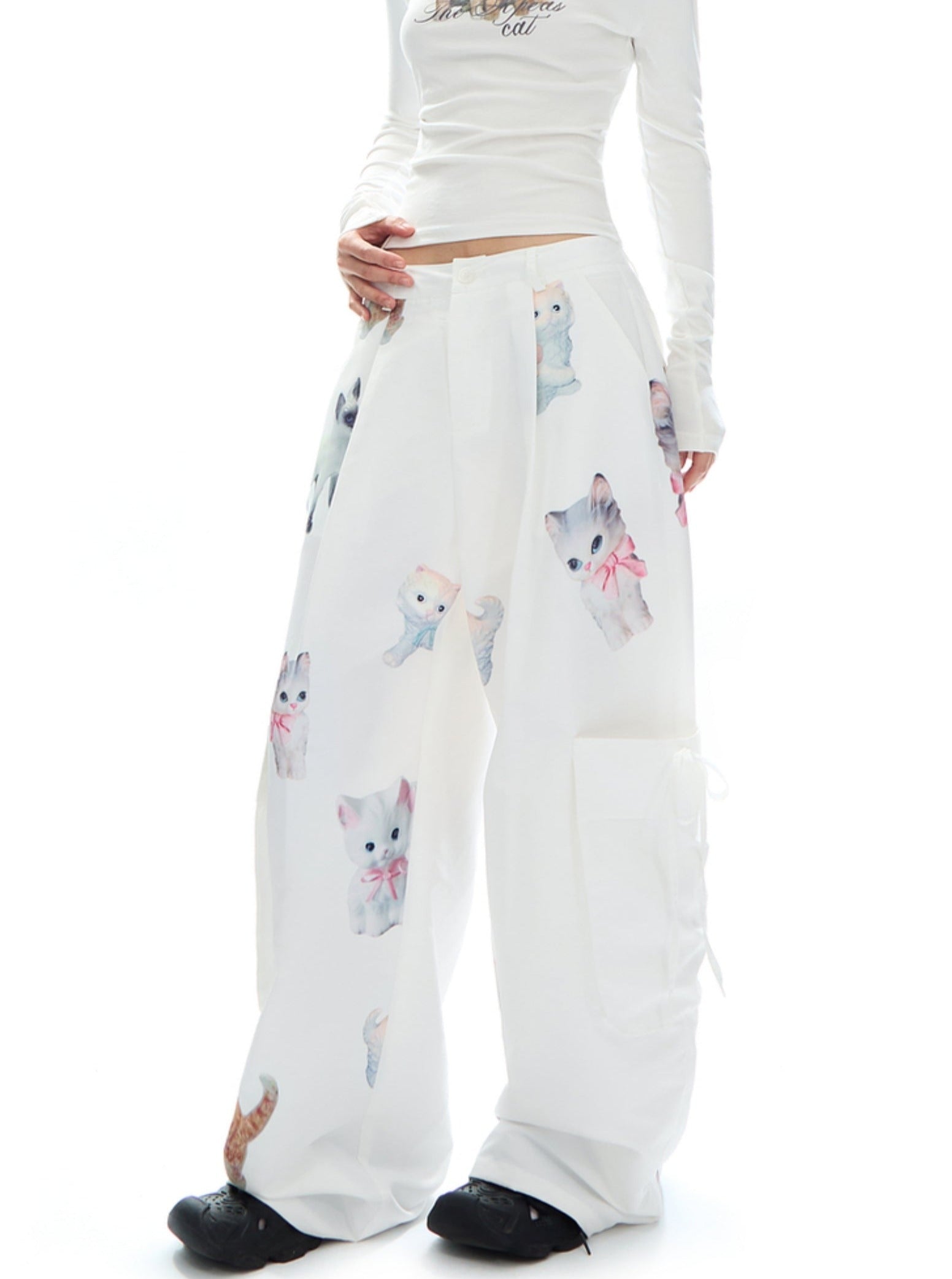 Kawaii Kitten Print Wide-Leg Lounge Pants