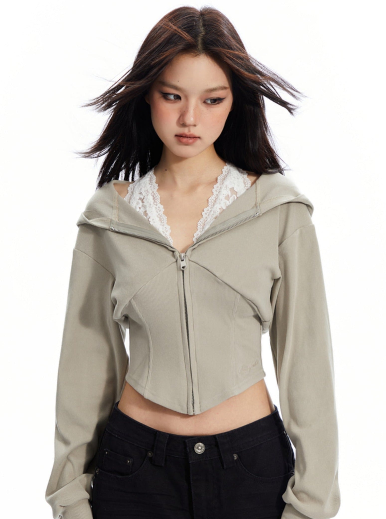 Cropped Hooded Zip-Up Jacket