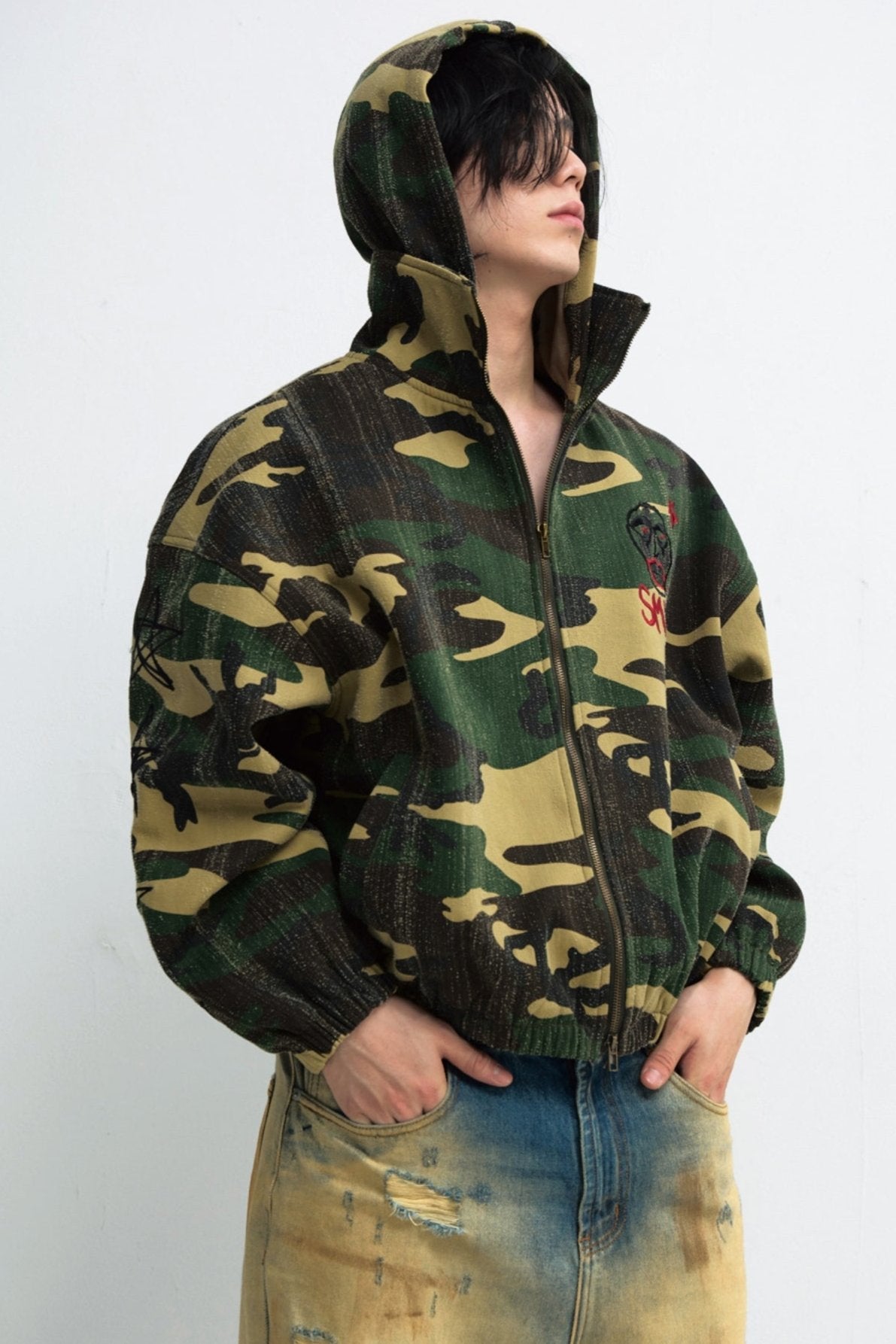 Men's Punk Camouflage Tree Scratch Hooded Jacket