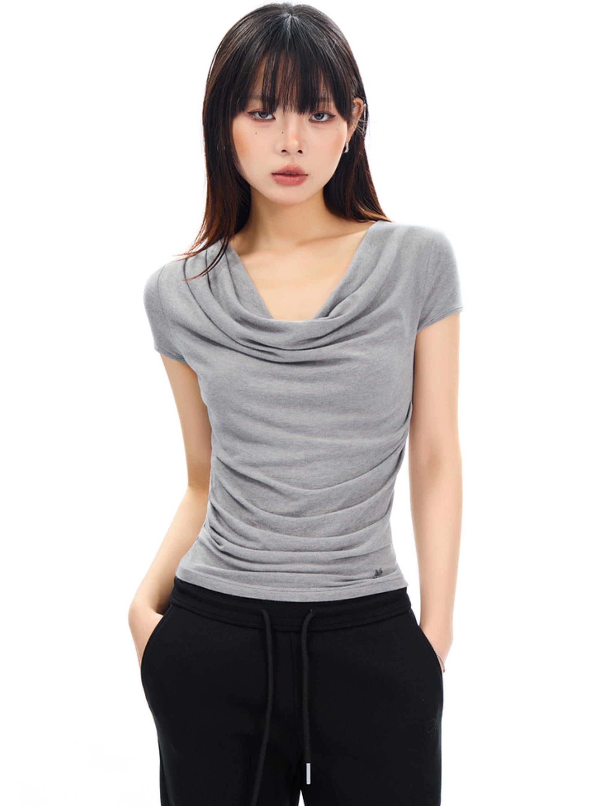 Slate Elegance Cowl Neck Tee