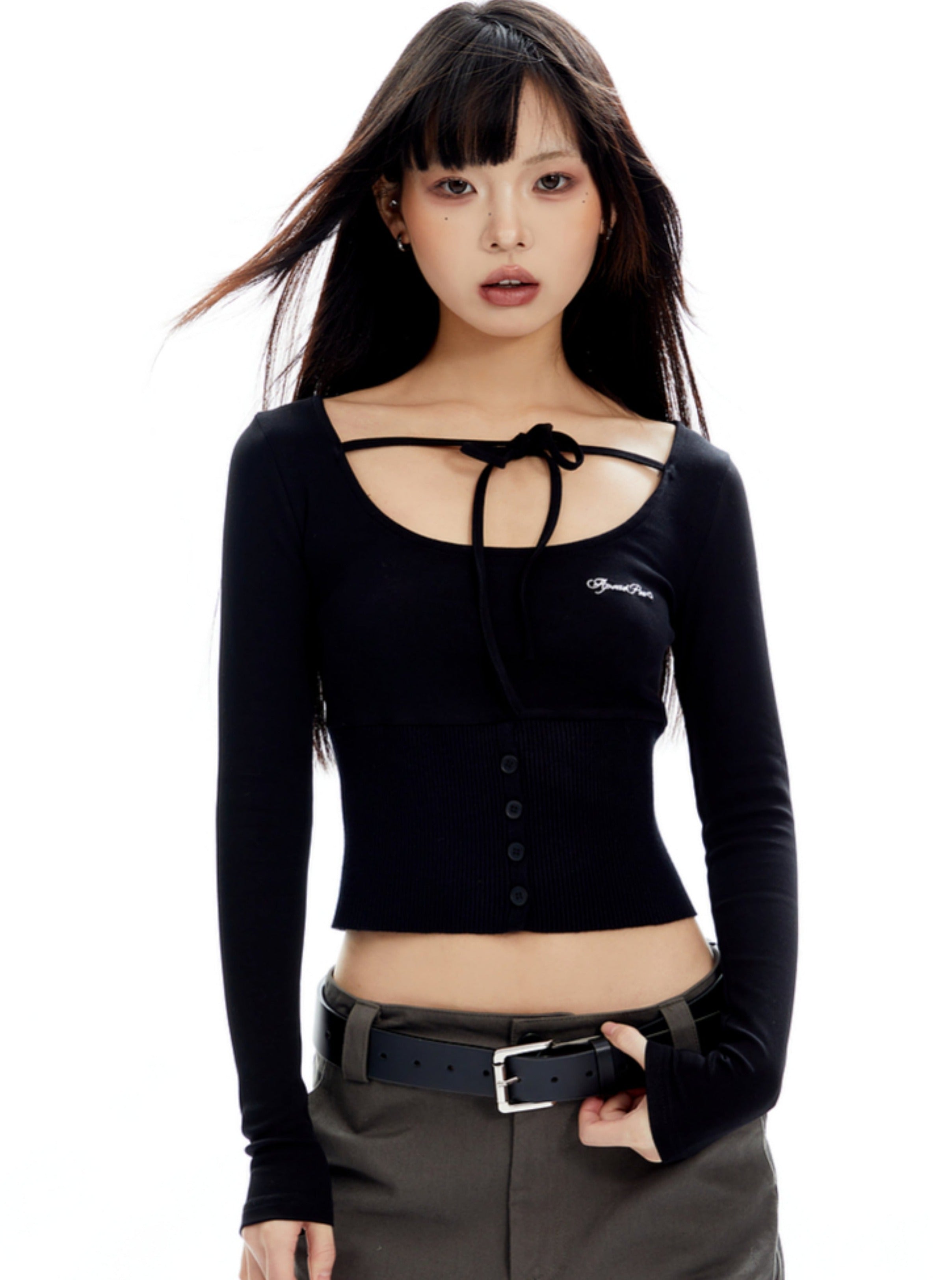 White Tie-Front Corset-Style Long Sleeve Crop Top