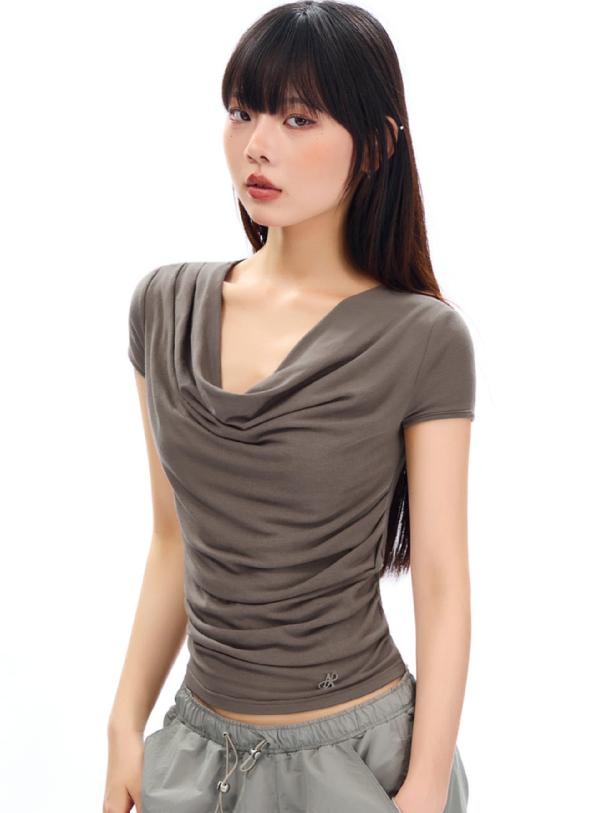 Slate Elegance Cowl Neck Tee