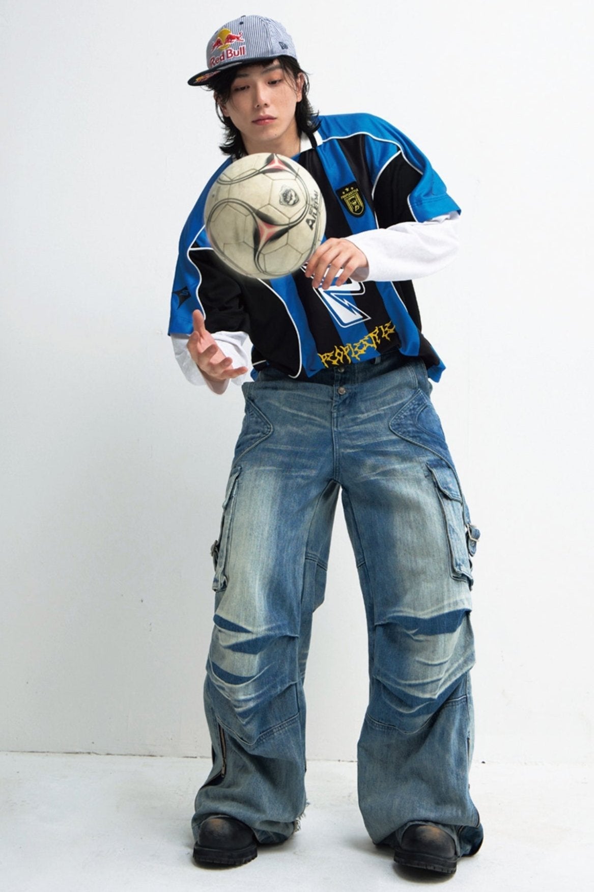 Men's Shaped Breasted Pleated Wide-Leg Jeans