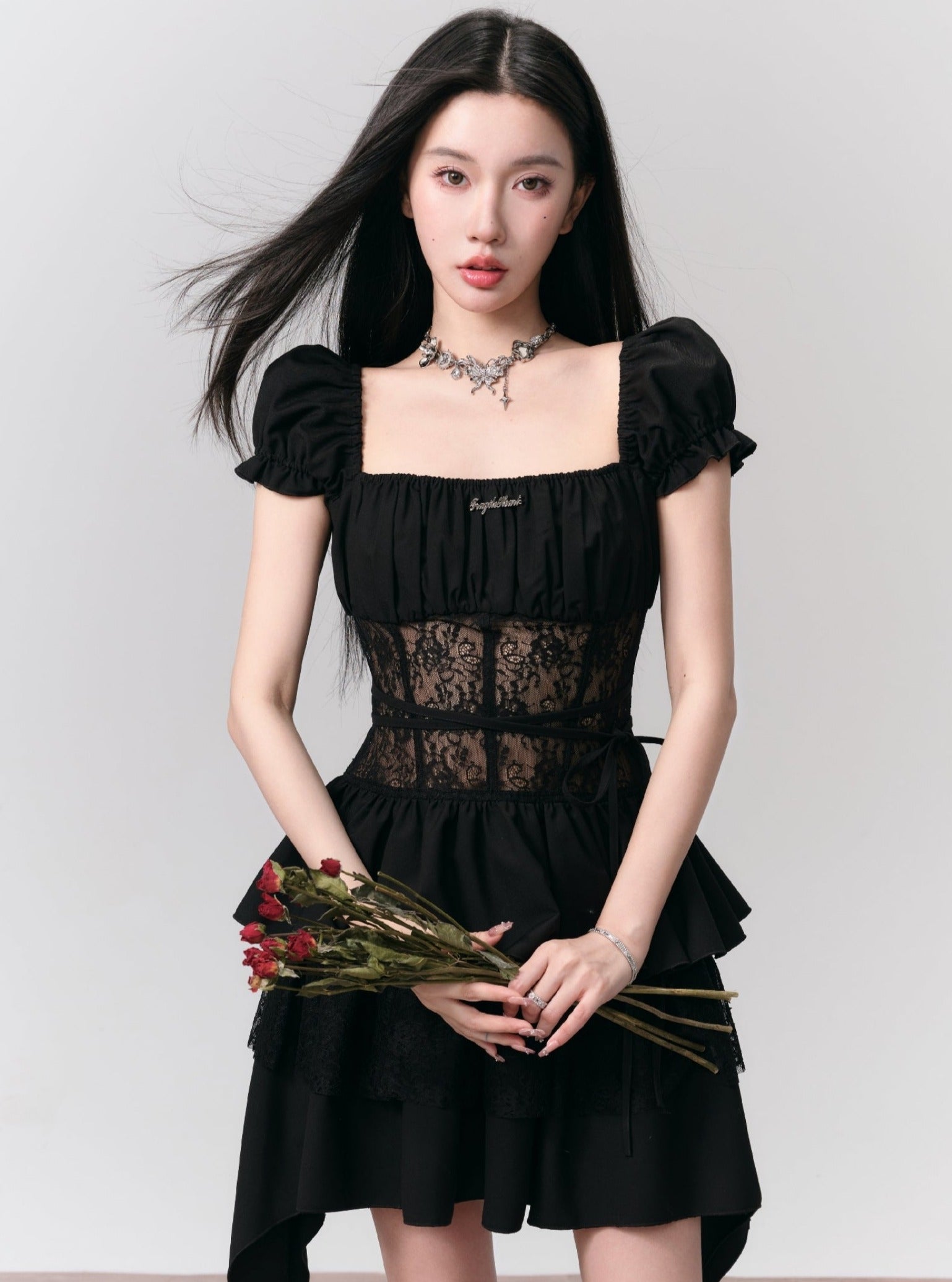 Gothic Lace-Bodice Puff Sleeve Tiered Ruffle Dress