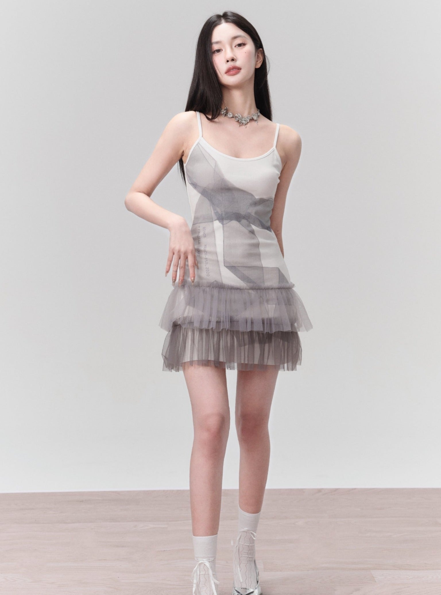 Ethereal Mist Layered Tulle Mini Dress - Ombre Gray