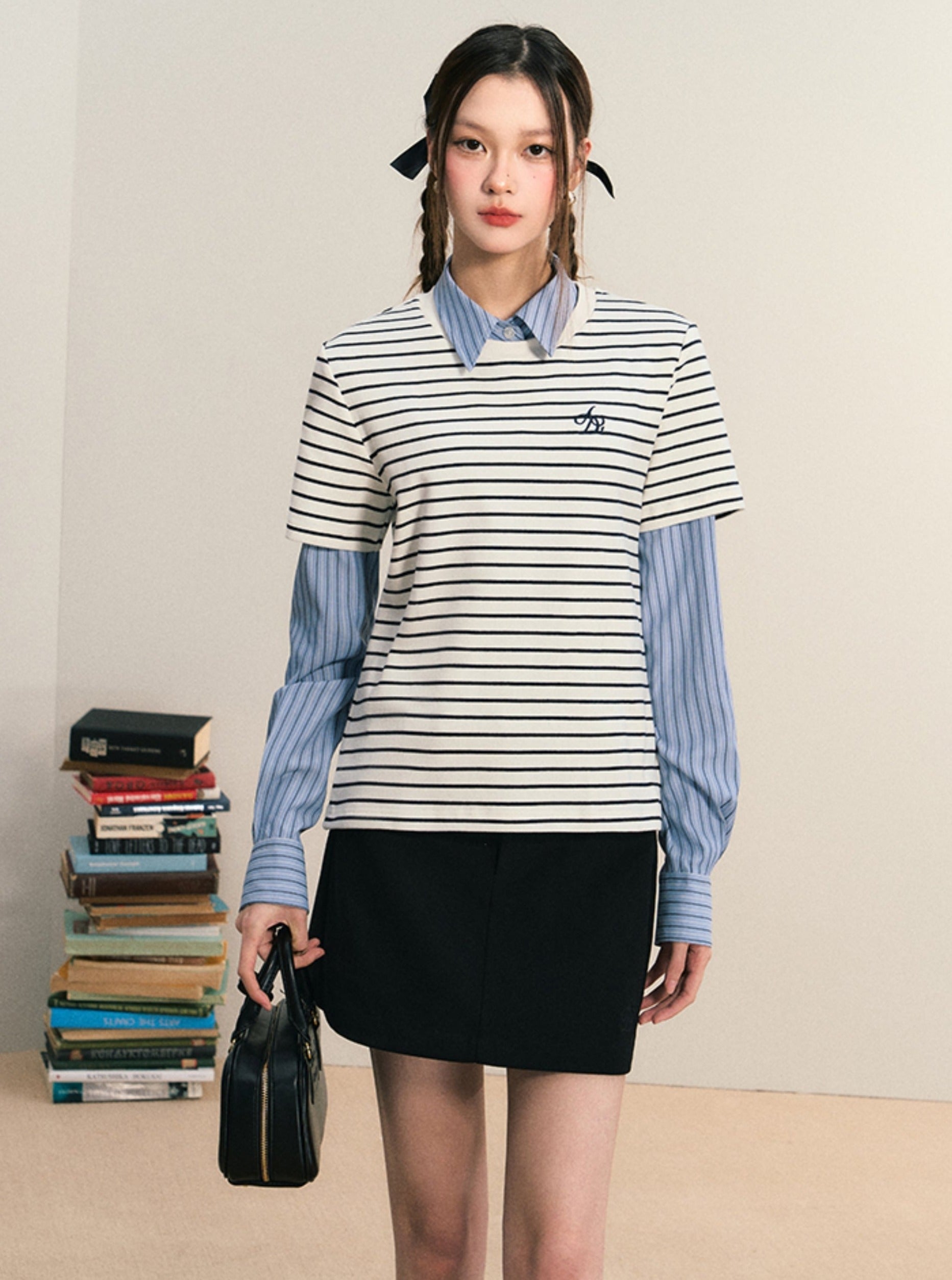 Layered Look Striped Tee Combo - Preppy Chic Shirt-Sweater Set