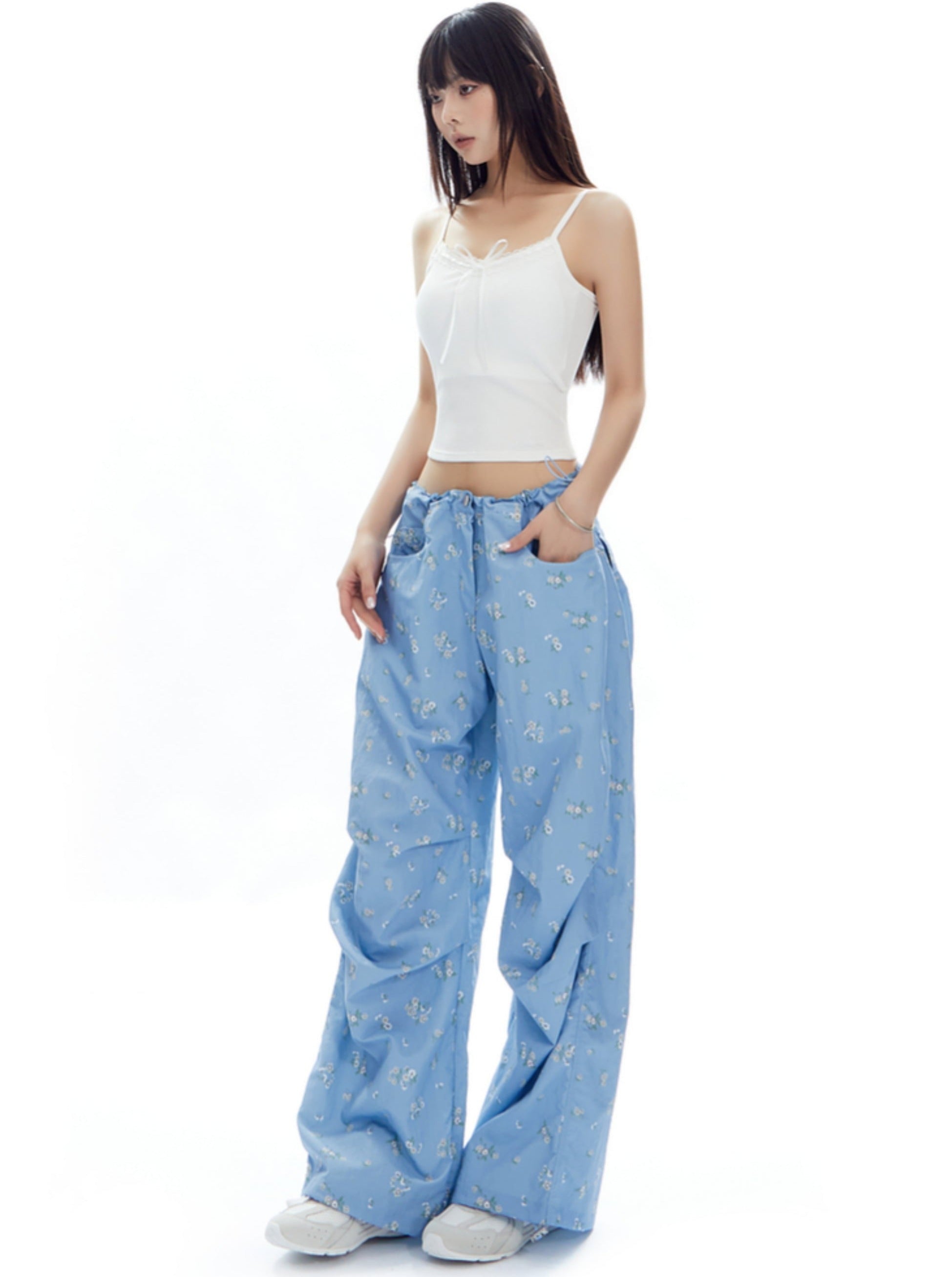 Light Blue Wide-Leg Pants with Butterfly Print