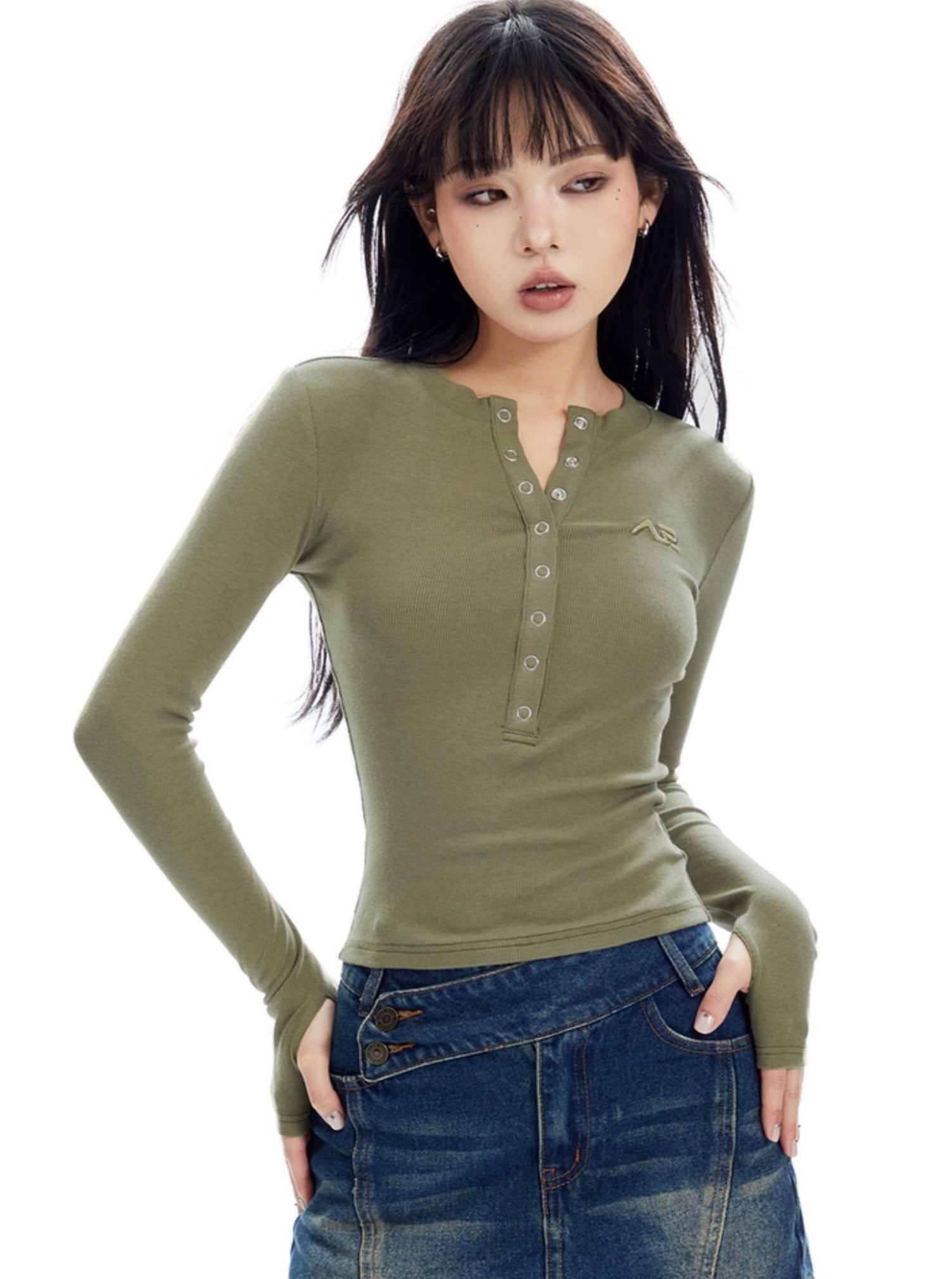 Olive Henley Fitted Long Sleeve Top