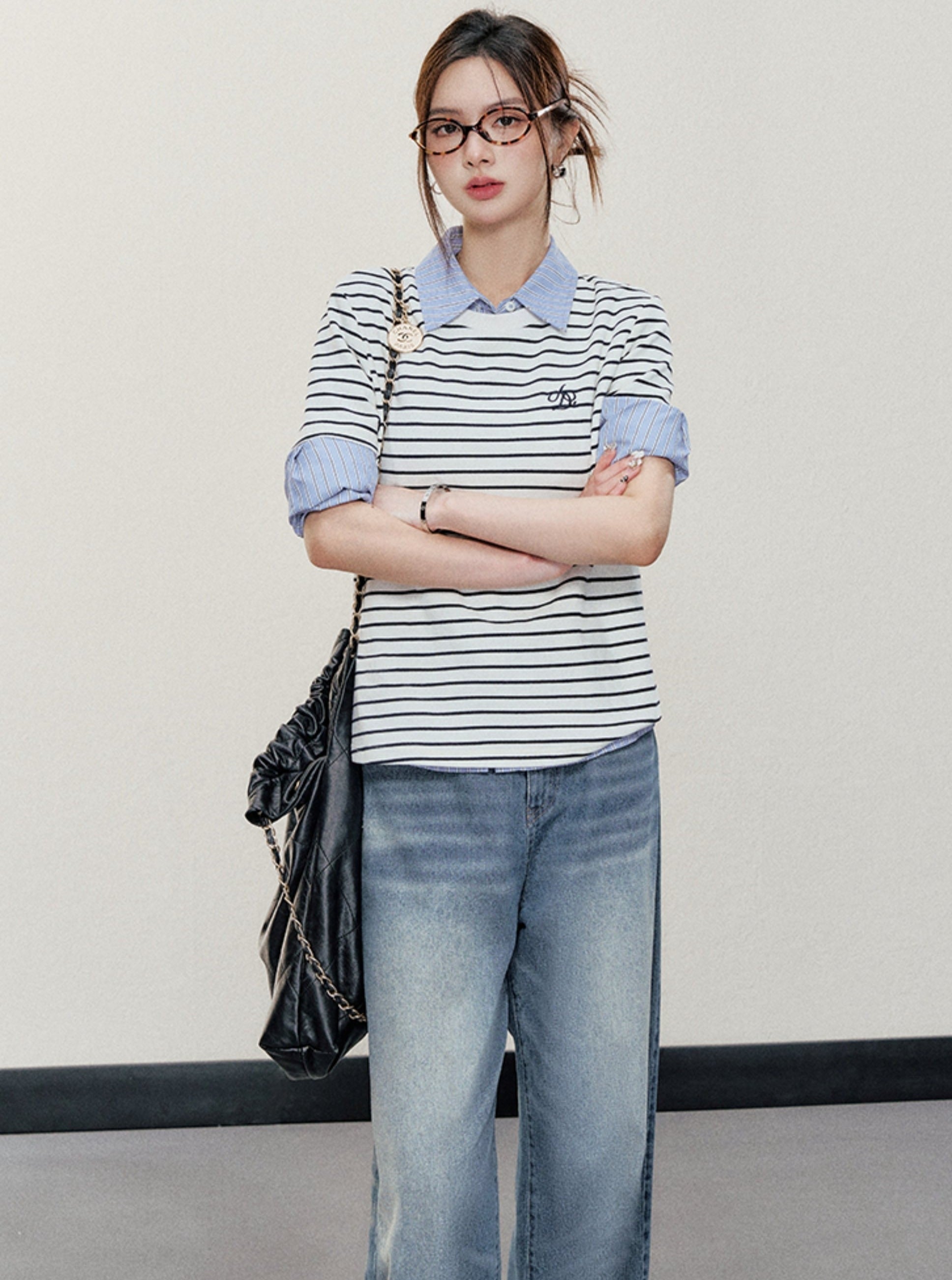 Layered Look Striped Polo Shirt - Preppy Chic Collared Tee with Chambray Accent