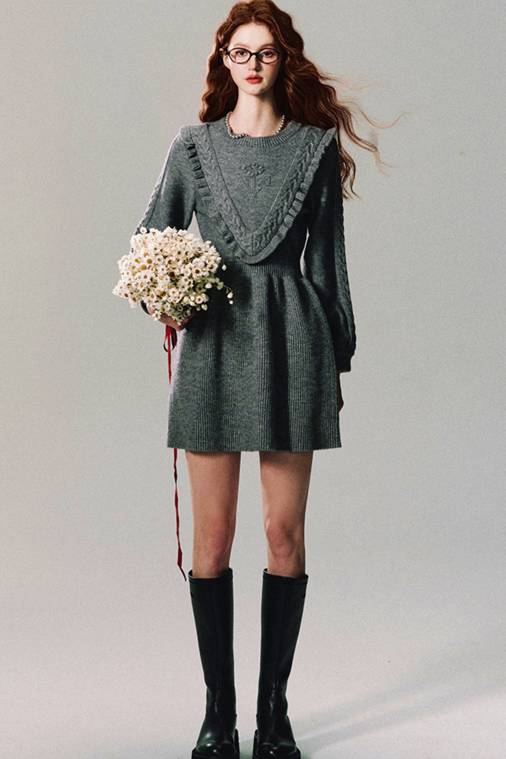 Ruffled Yoke Knit Sweater Dress