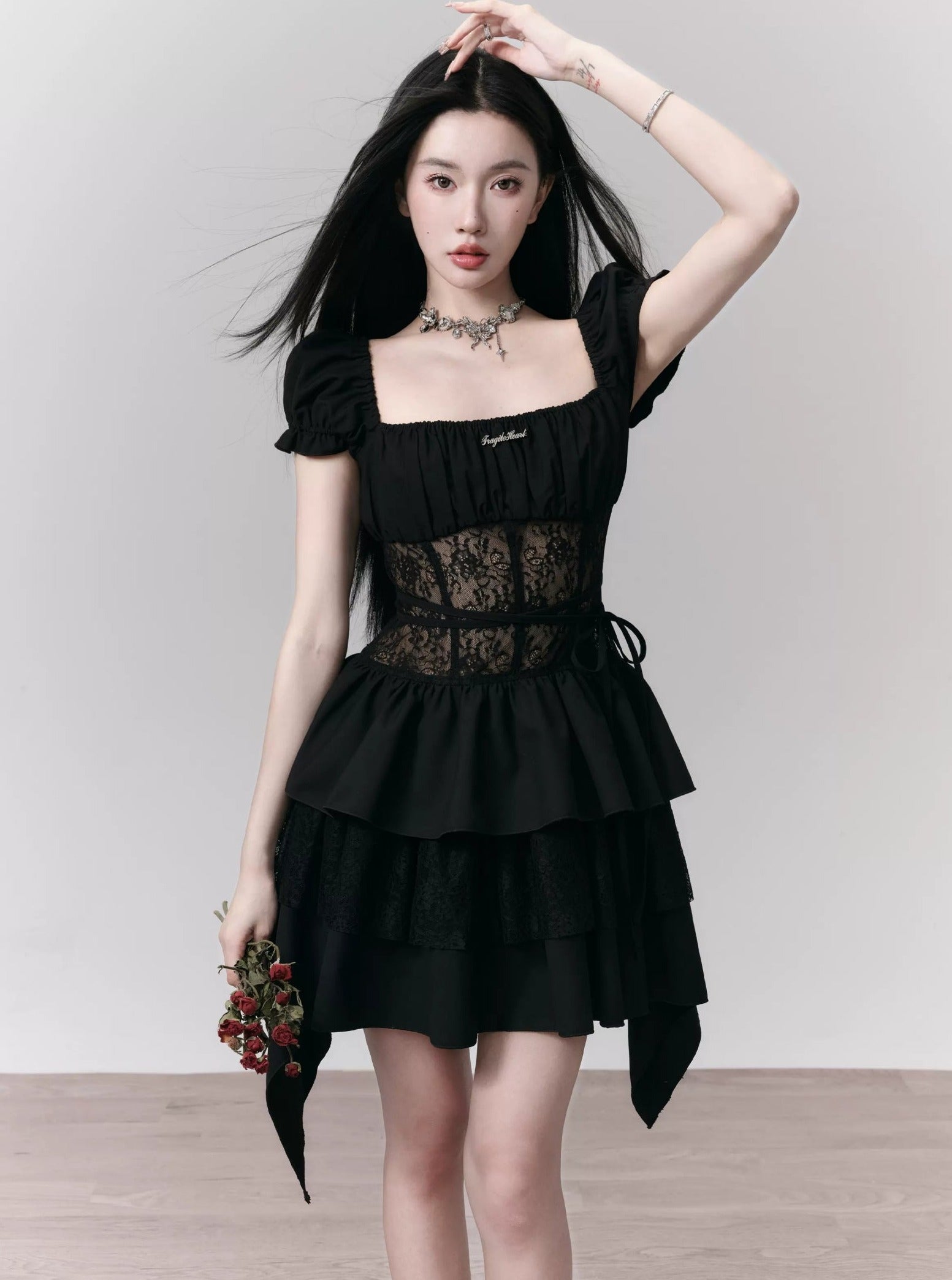 Gothic Lace-Bodice Puff Sleeve Tiered Ruffle Dress