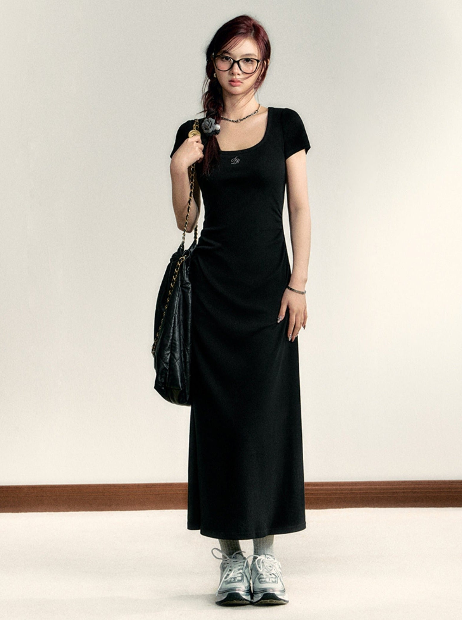 Scoop Neck Maxi T-Shirt Dress - Casual Side Ruched Jersey Knit Gown