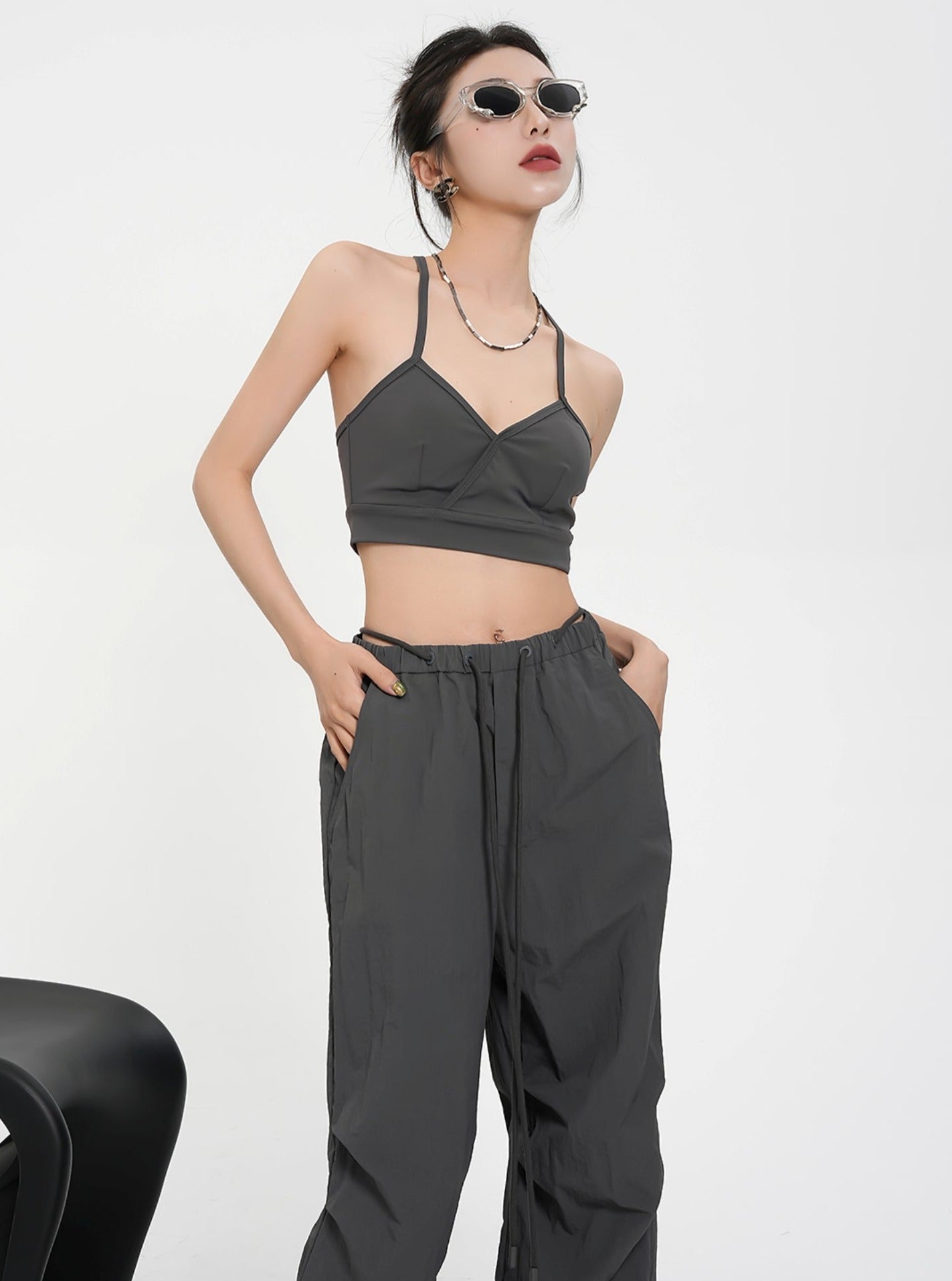 Versatile Bralette Duo: Charcoal V-Neck Athletic Crop Top & Black Lace Longline Bralette Set