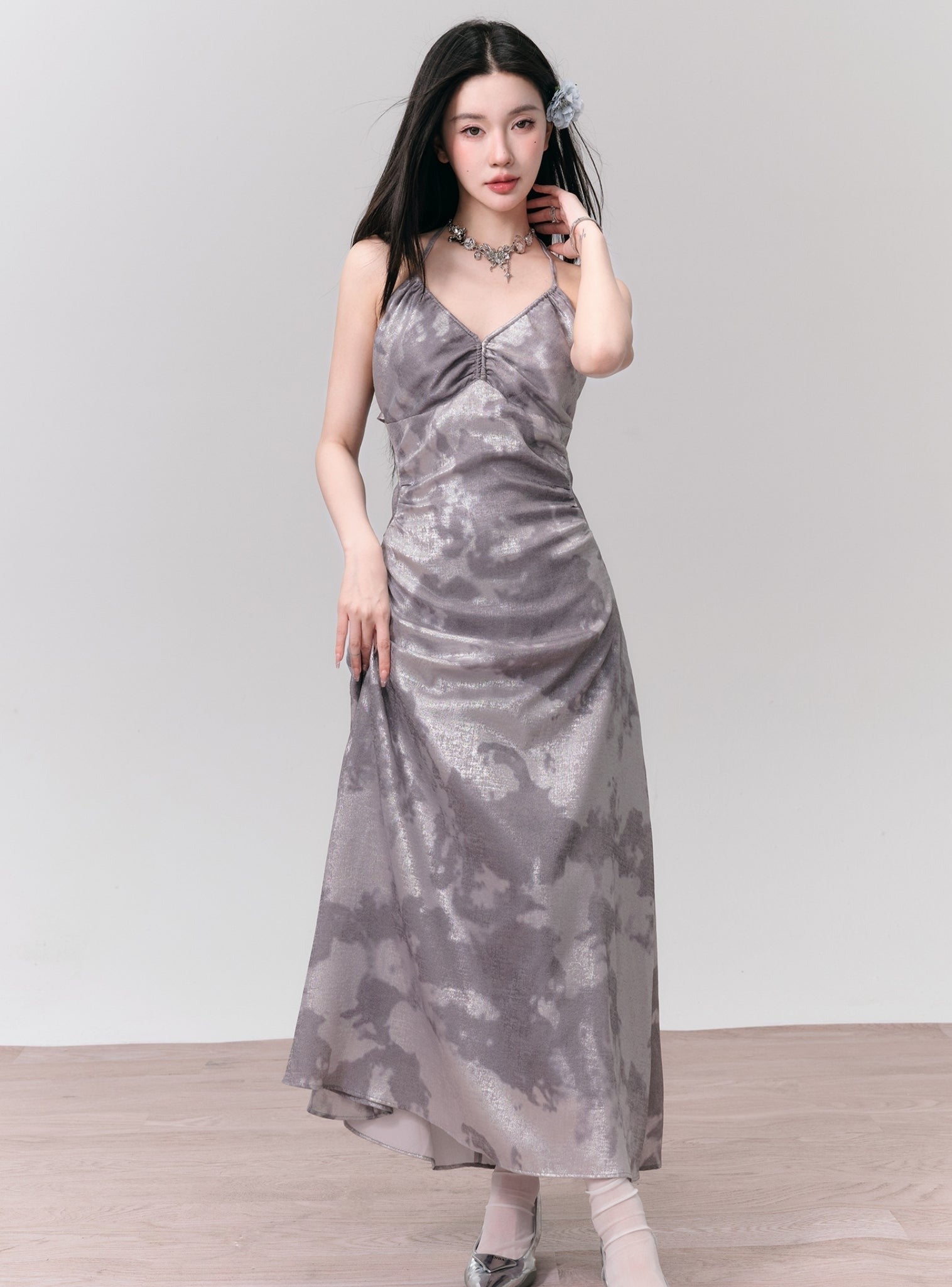 Tie-Dye Satin Halter Maxi Dress in Silver Grey