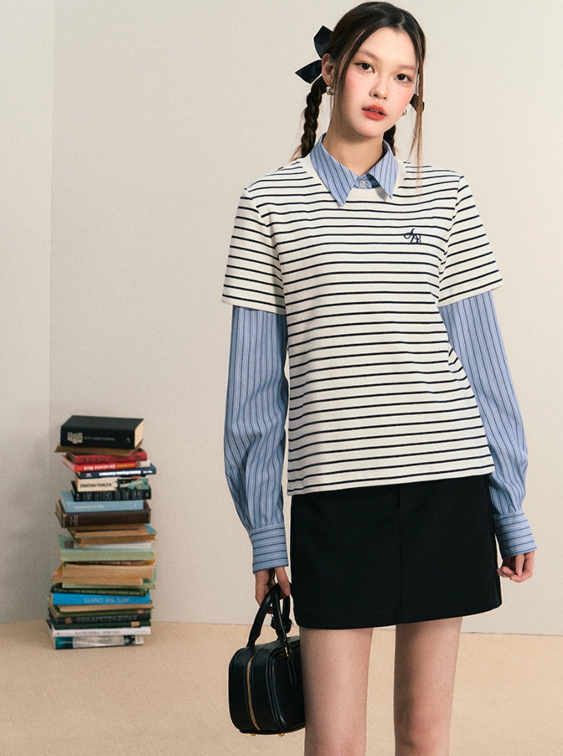 Layered Look Striped Tee Combo - Preppy Chic Shirt-Sweater Set