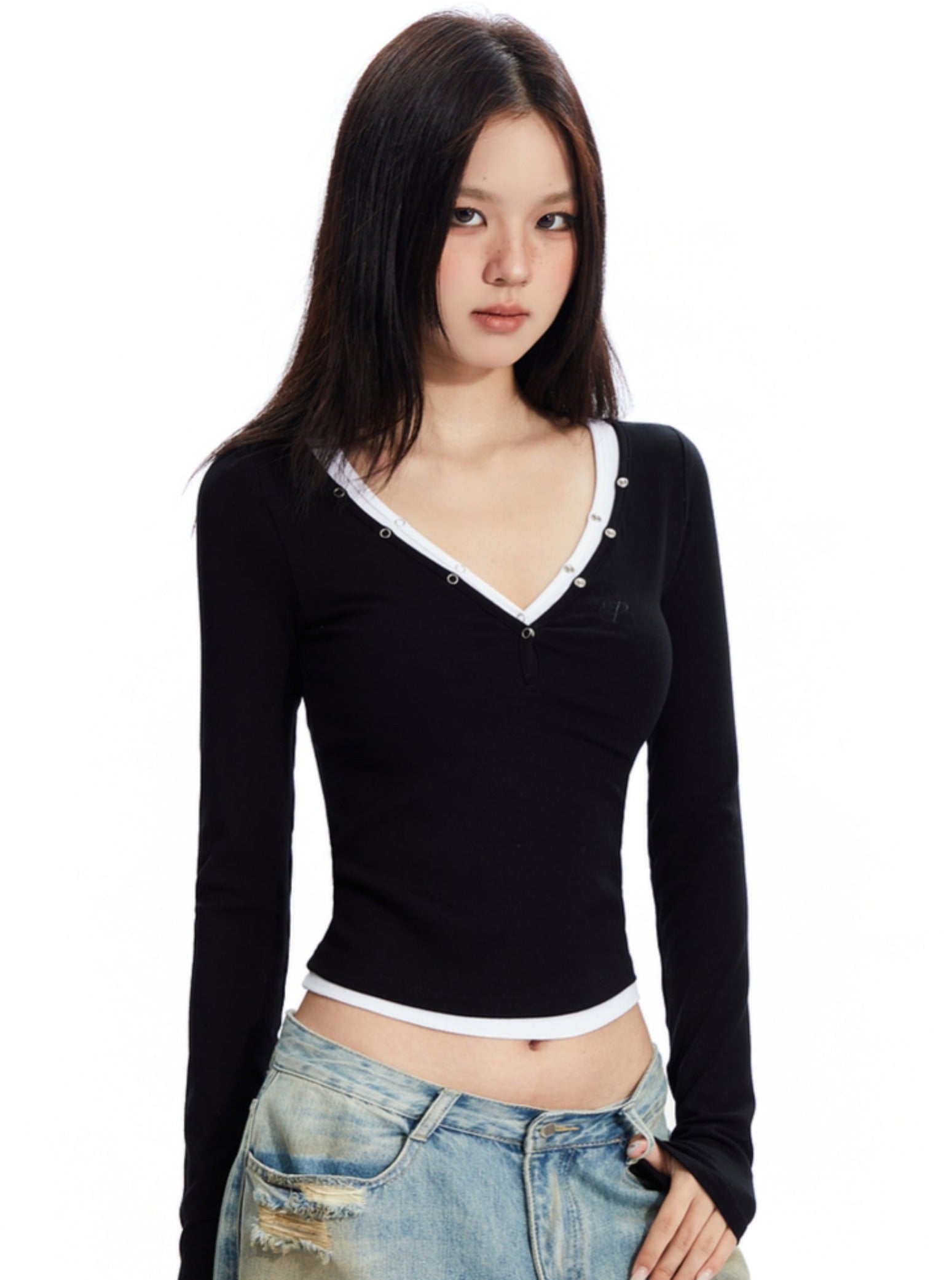 Heather Gray Lace-Trim Henley Crop