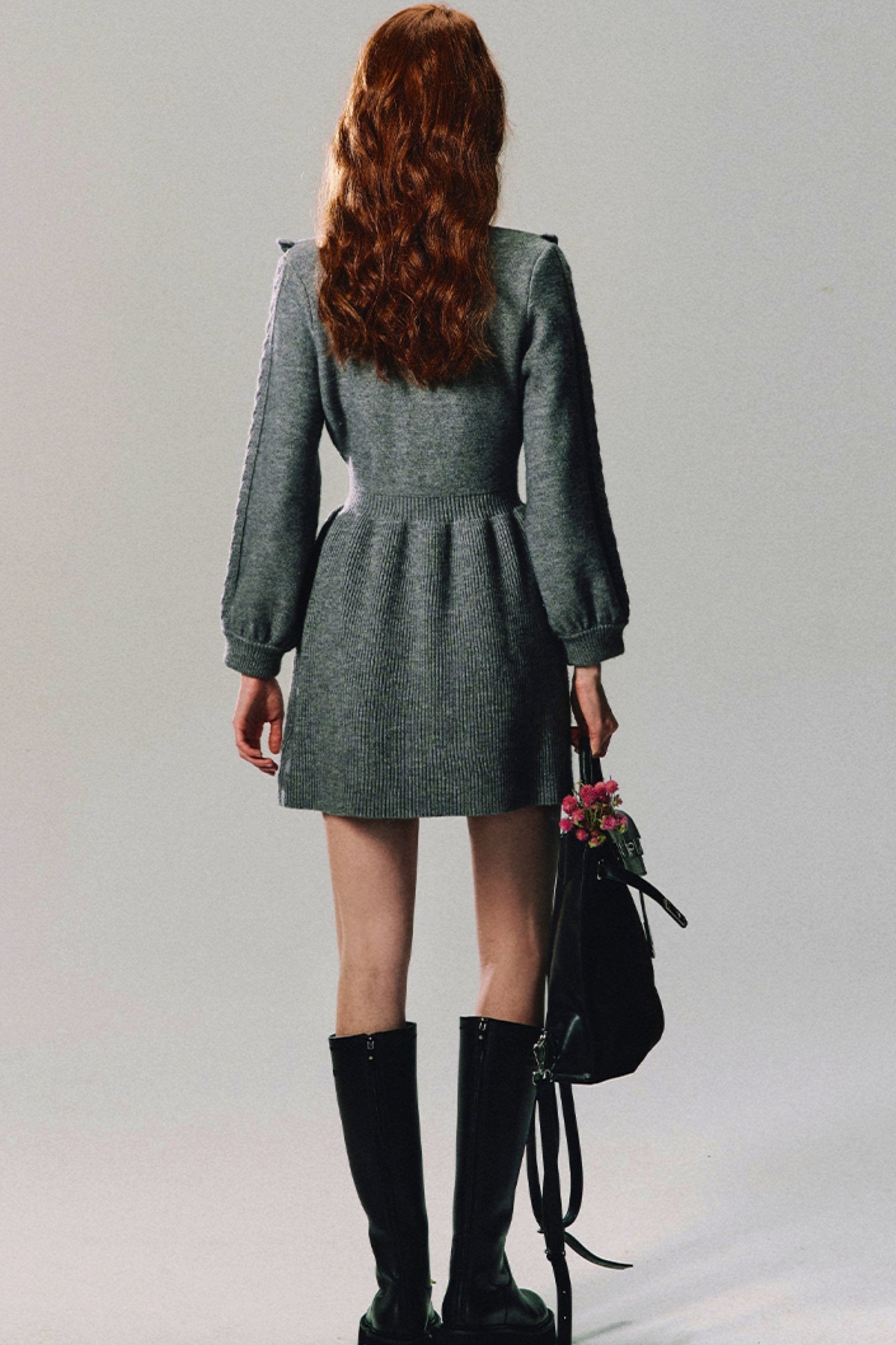 Ruffled Yoke Knit Sweater Dress