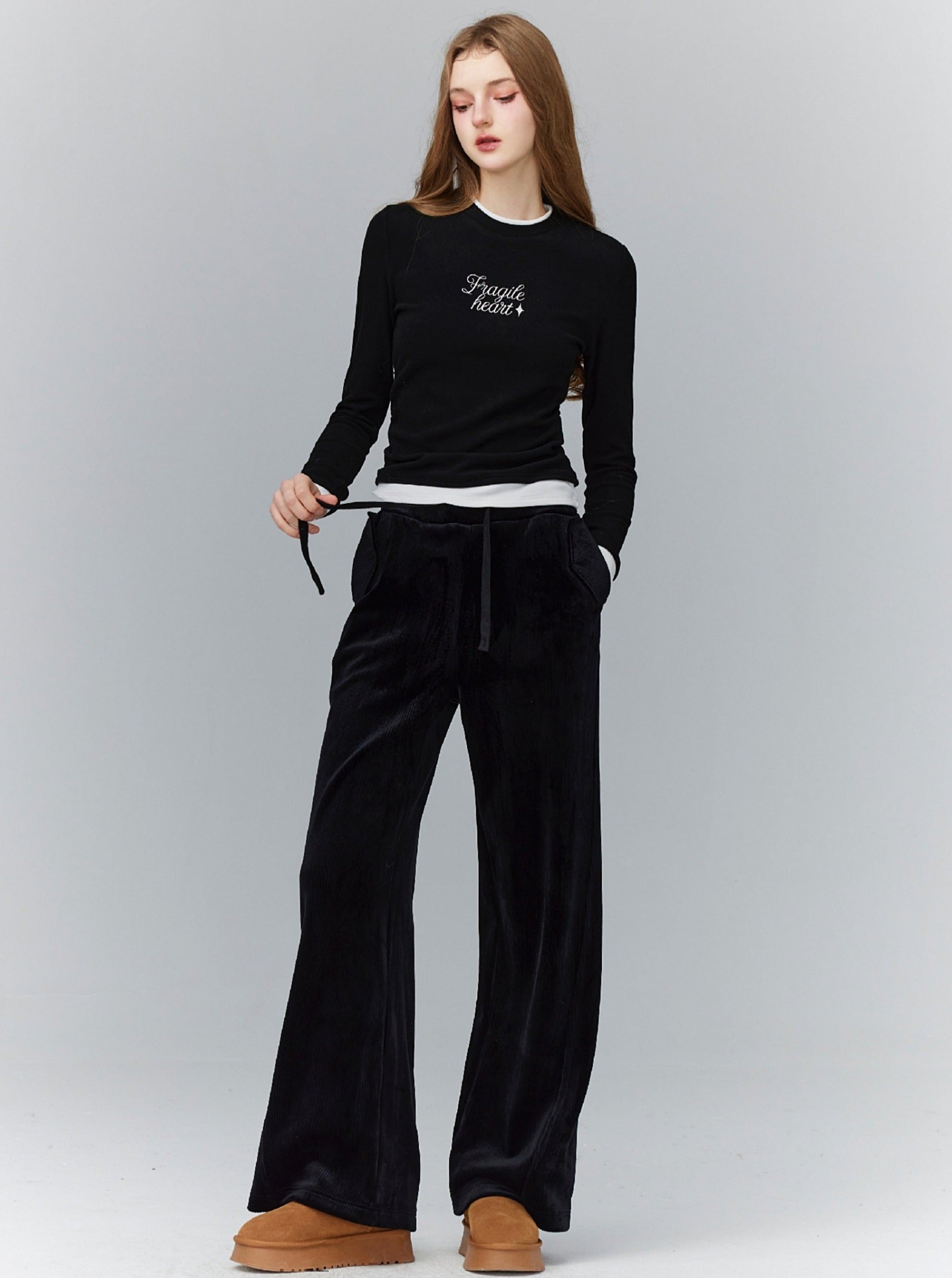 Wide-Leg Drawstring Lounge Pants in Black and Cream