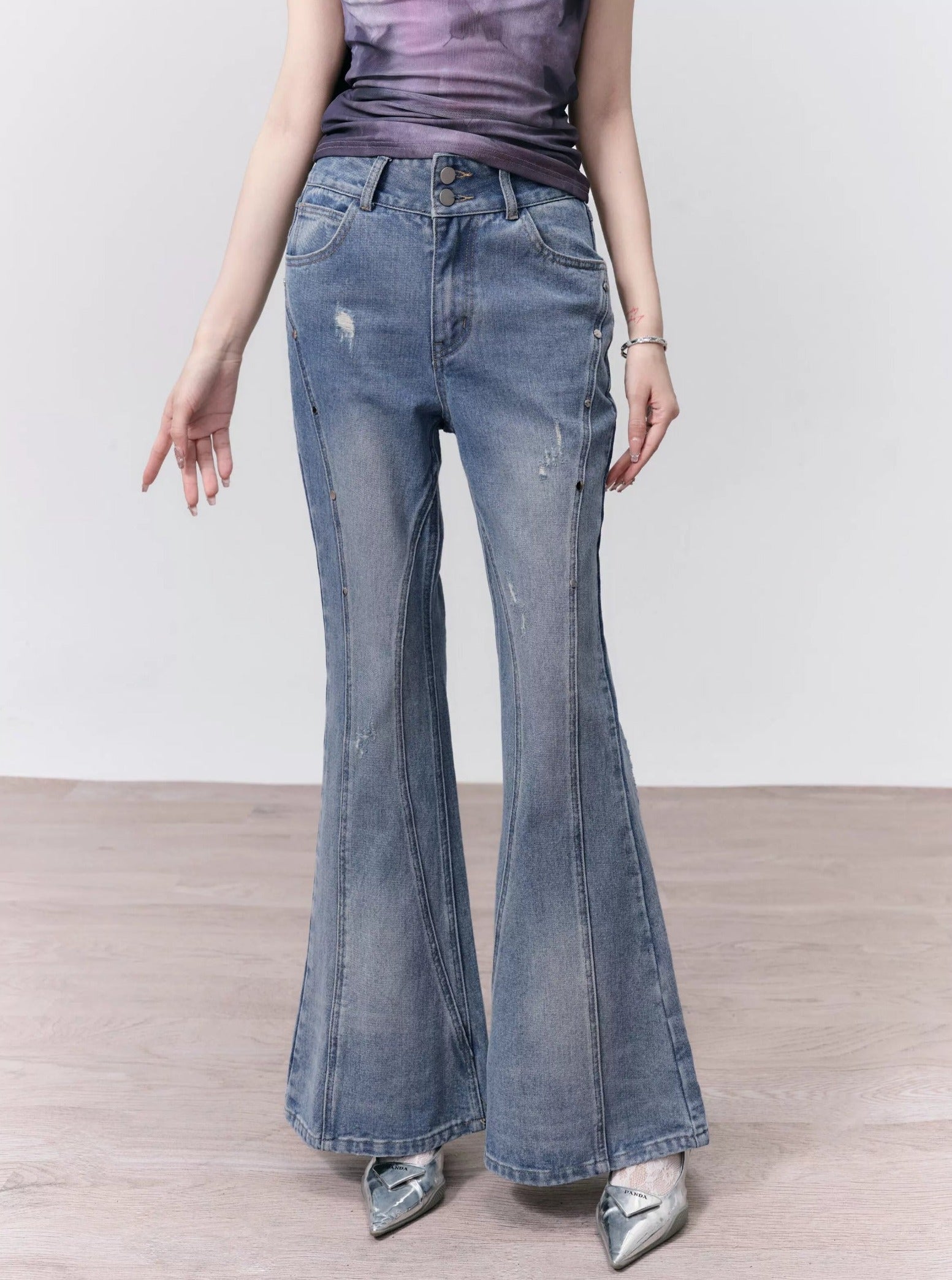 Retro High-Waisted Distressed Flare Jeans