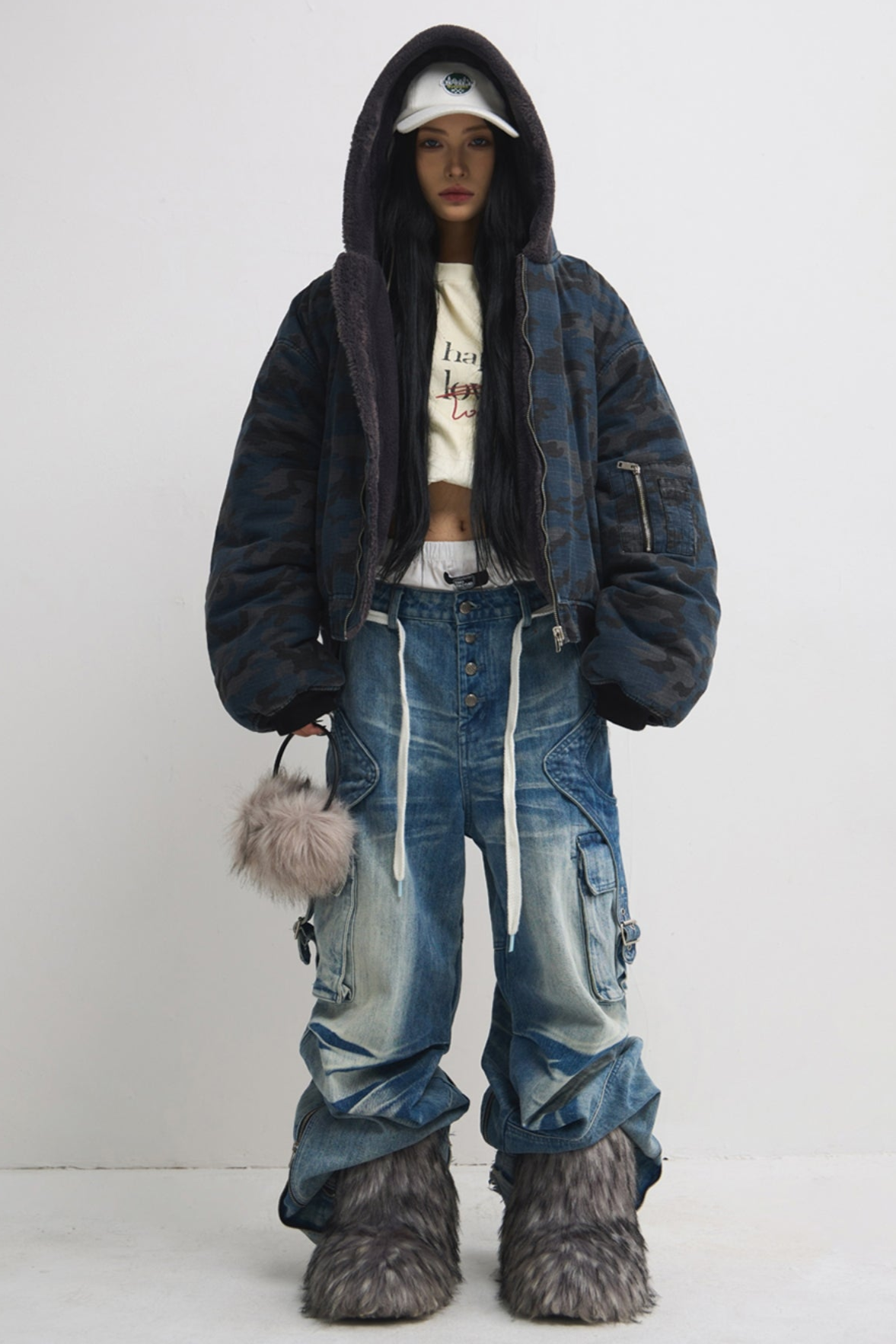 Men's Shaped Breasted Pleated Wide-Leg Jeans