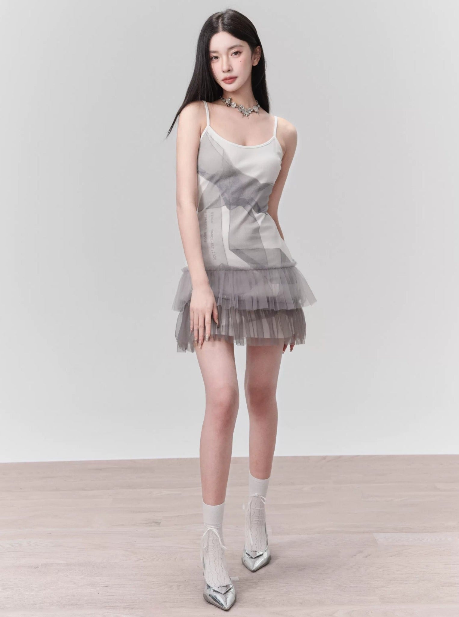 Ethereal Mist Layered Tulle Mini Dress - Ombre Gray