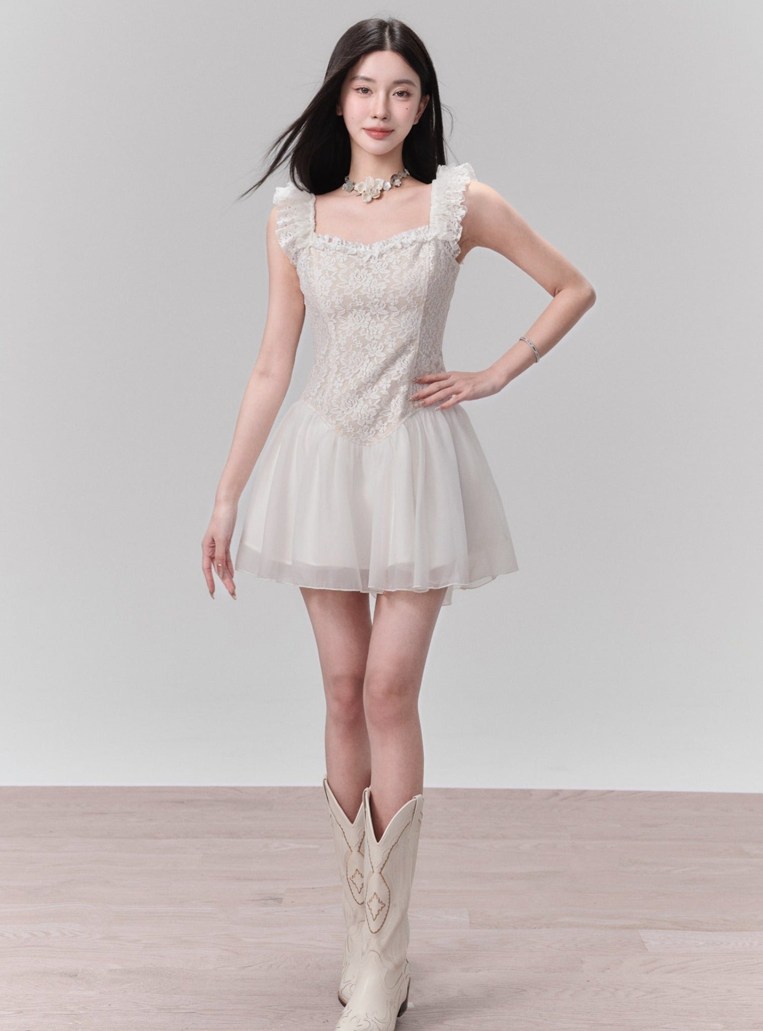 Lace Bodice Tulle Skirt Mini Dress with Ruffle Straps