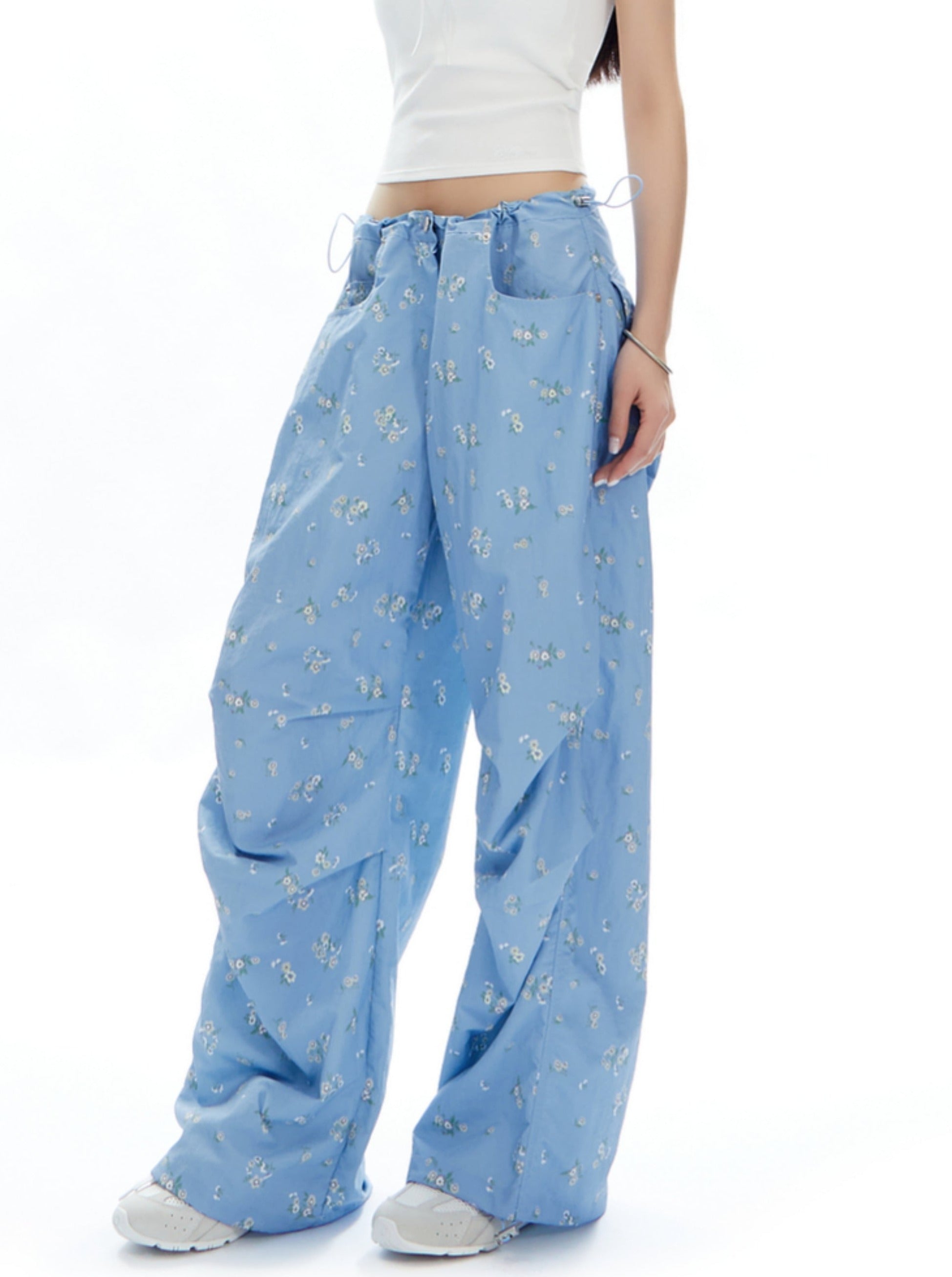 Light Blue Wide-Leg Pants with Butterfly Print