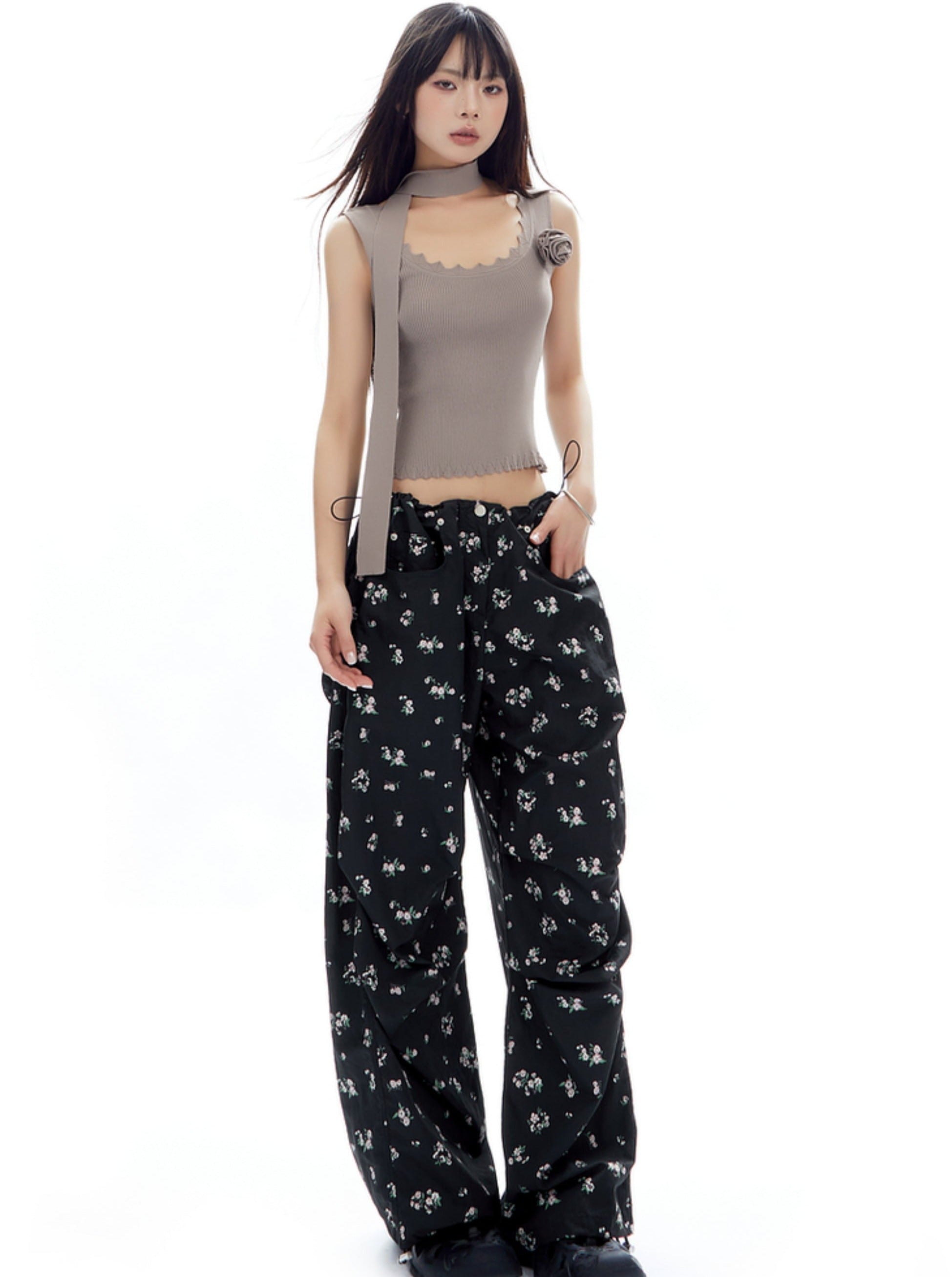 Light Blue Wide-Leg Pants with Butterfly Print