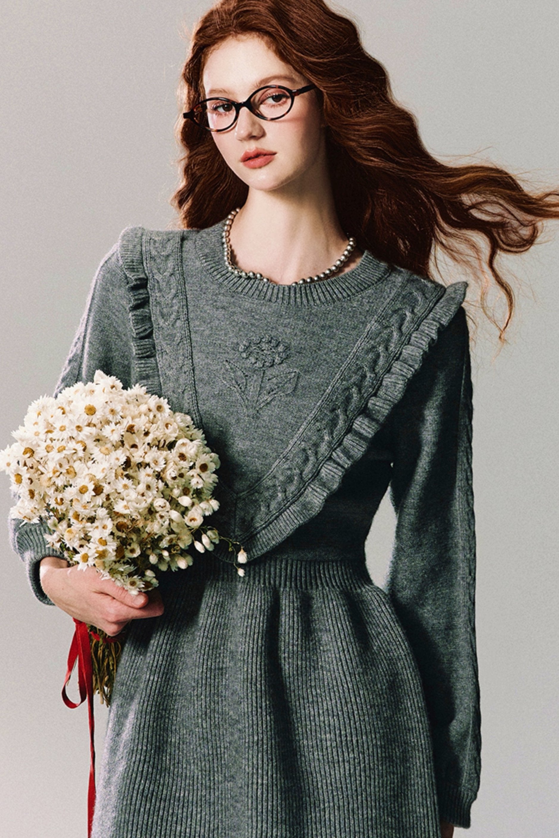 Ruffled Yoke Knit Sweater Dress