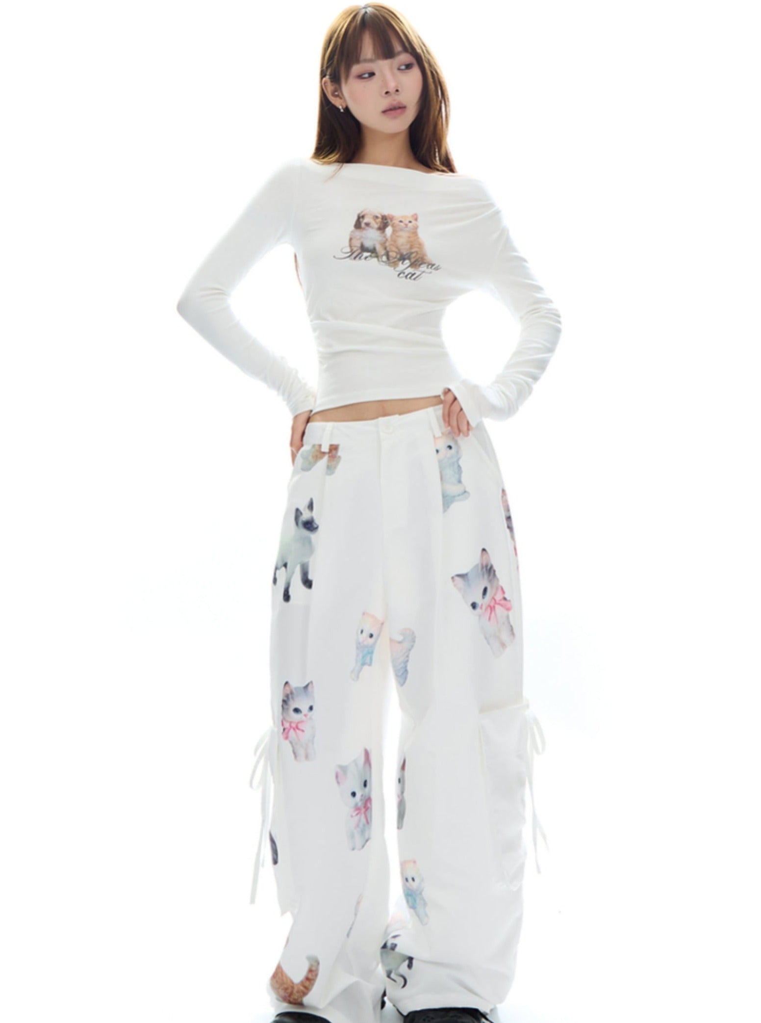 Kawaii Kitten Print Wide-Leg Lounge Pants