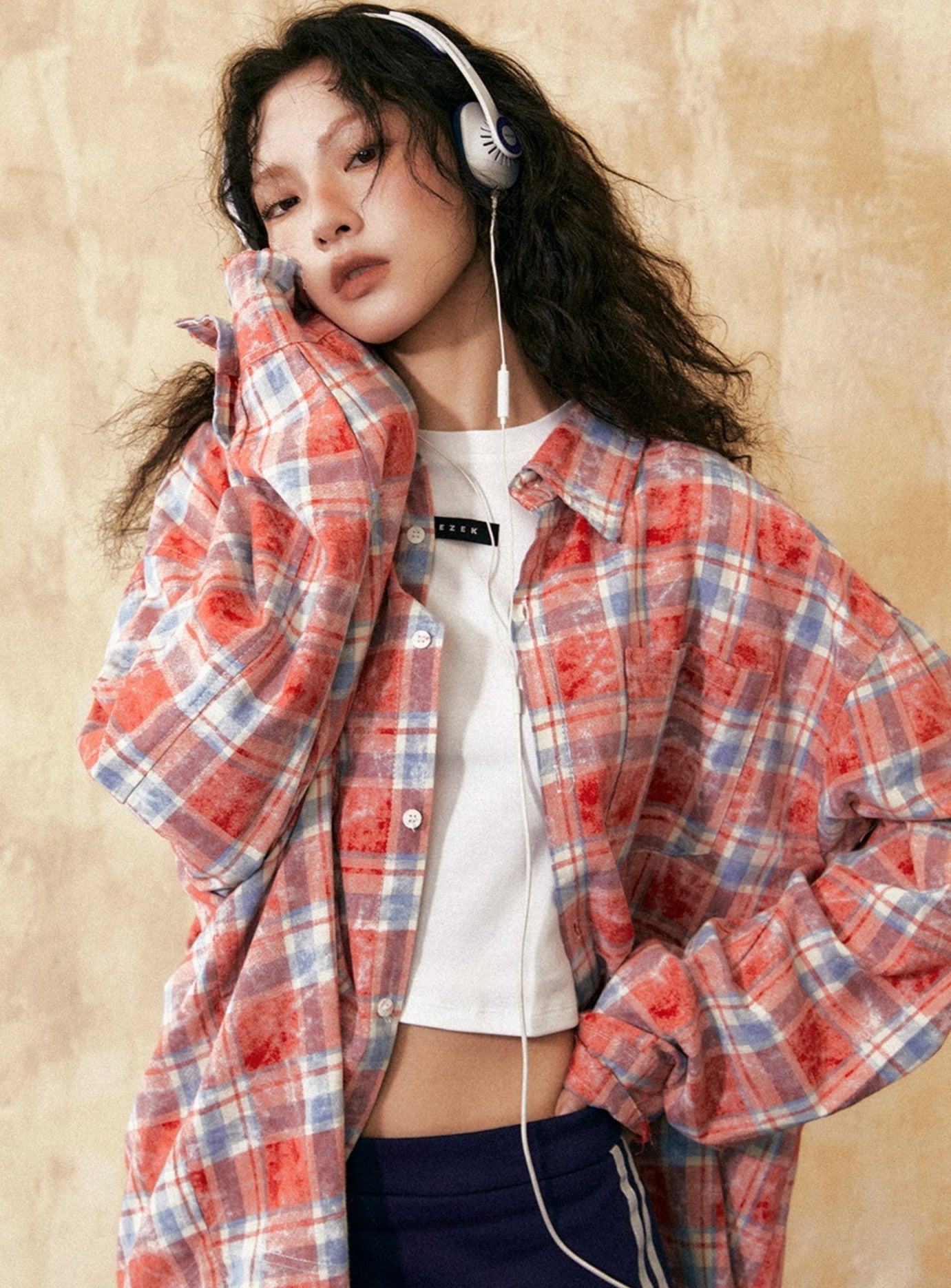 Stitching Contrasting Plaid Long-Sleeved Shirt - chiclara